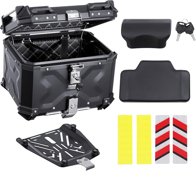 Baúl superior para motocicleta, caja trasera universal de aleación de aluminio con forro de cuero, caja superior impermeable desmontable para motocicleta con cerradura y cojín trasero (55L-B)