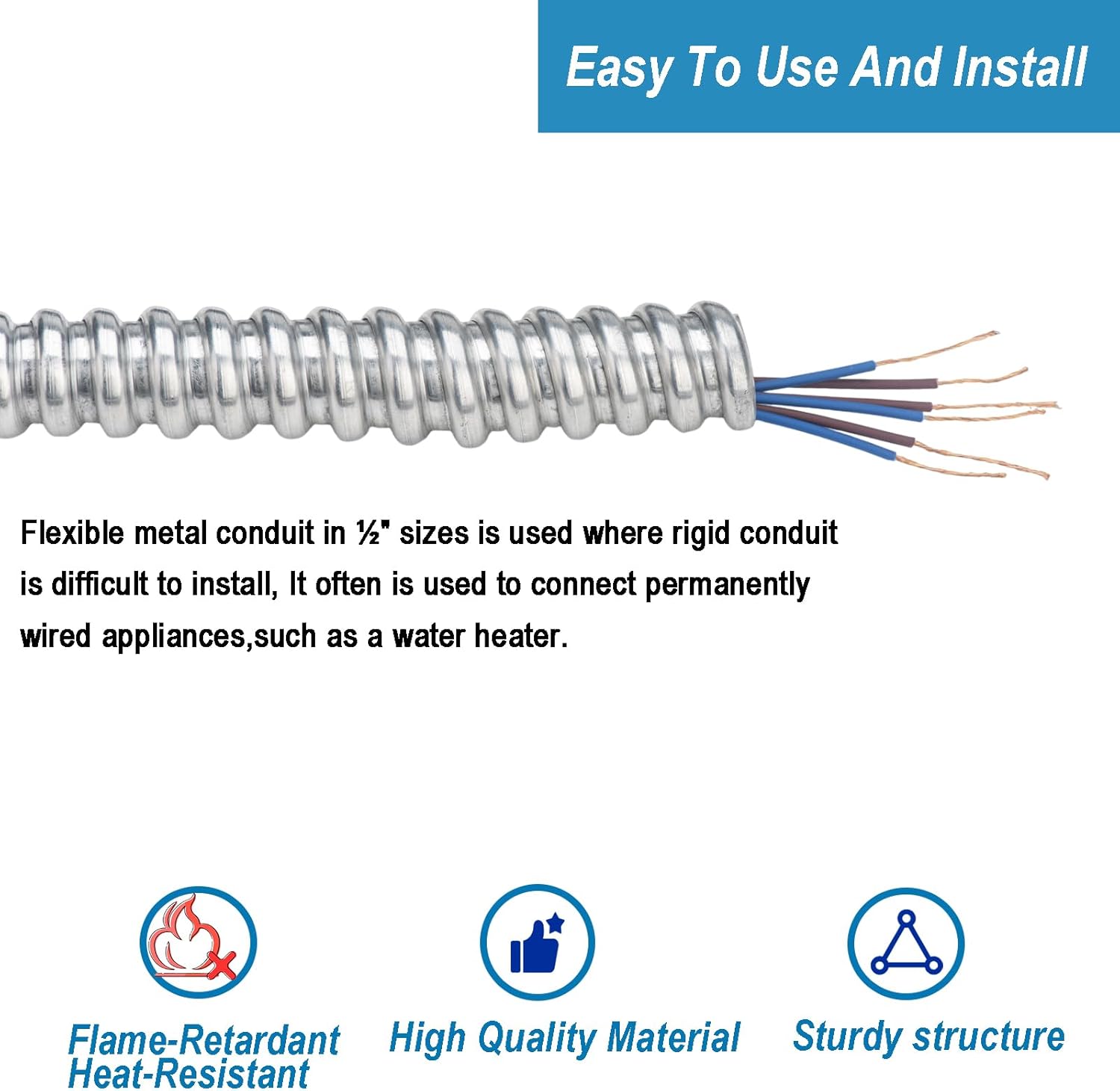 (1/2 inch-50 feet) eflyefly 1/2 Flexible Metal Electrical Conduit Kit，50 Feet of 1/2-inch Flexible Steel Conduit with 5 Pieces Couplings, 3 Pieces Elbows and 10 Pieces Strap