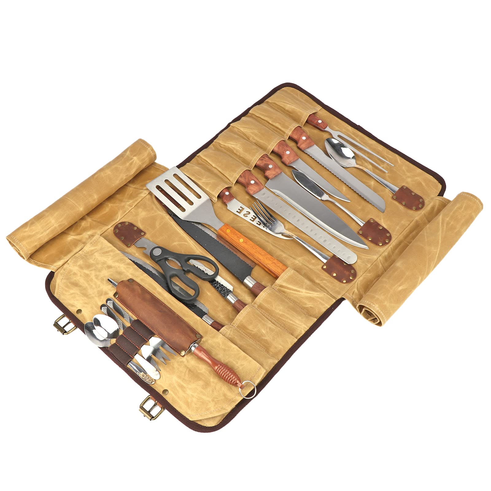 TOURBON - Bolsa enrollable para cuchillos de chef, 12 ranuras, lona encerada y cuero, organizador portátil de herramientas de cocina, Brown, 65*39.5cm (unfold), Organizador de bolsas