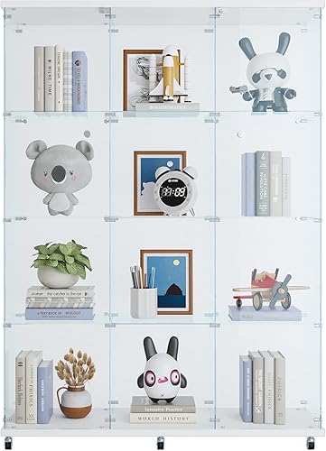 Miniatura 9 de Yoluckea Gabinete de cristal, 4 estantes de cristal con puerta, gabinete de exhibición de cristal de la colección Curio Cabinet para oficina en