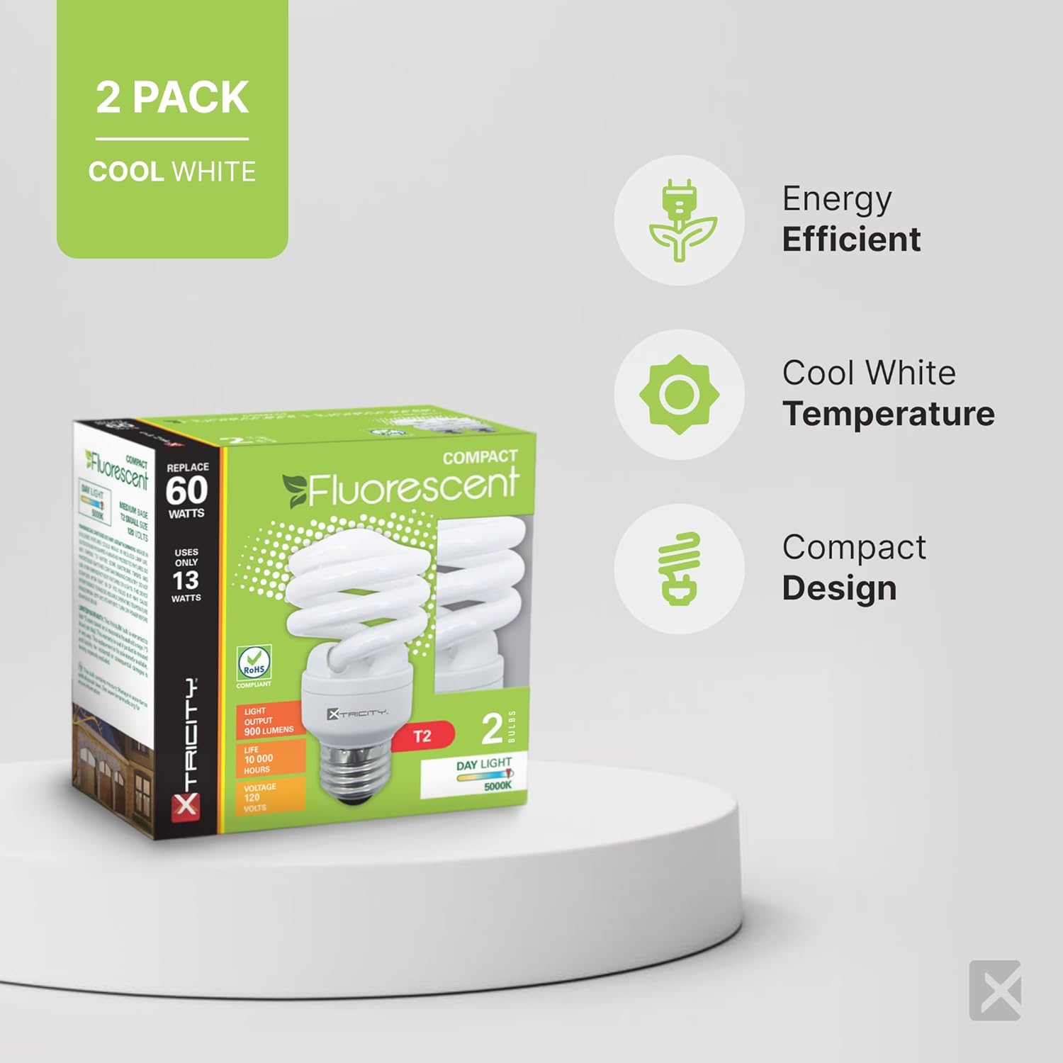 Xtricity Compact Fluorescent Light Bulbs T2 Spiral, E26 Base, 23W (100W Equivalent), 4100k Cool White, 1520 Lumens, CFL, 120V - UL Listed, (2 Pack)