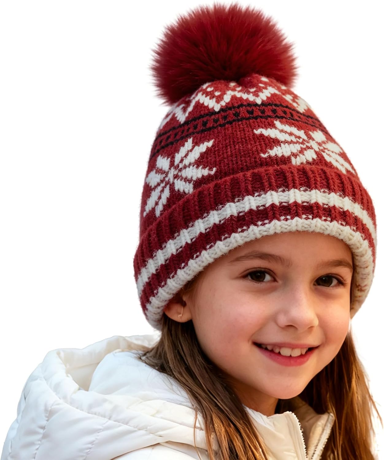 Kids Winter Jacquard Knit Beanie with Faux Fur Pom Warm Fleece Lining