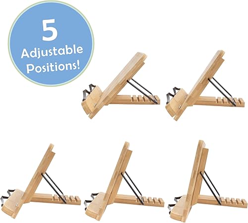 Vista 34 de BambooMN Soporte universal de bambú para libros de cocina, lectura, teléfono celular, arte, partituras, tableta, portátil y plegable con inclinación
