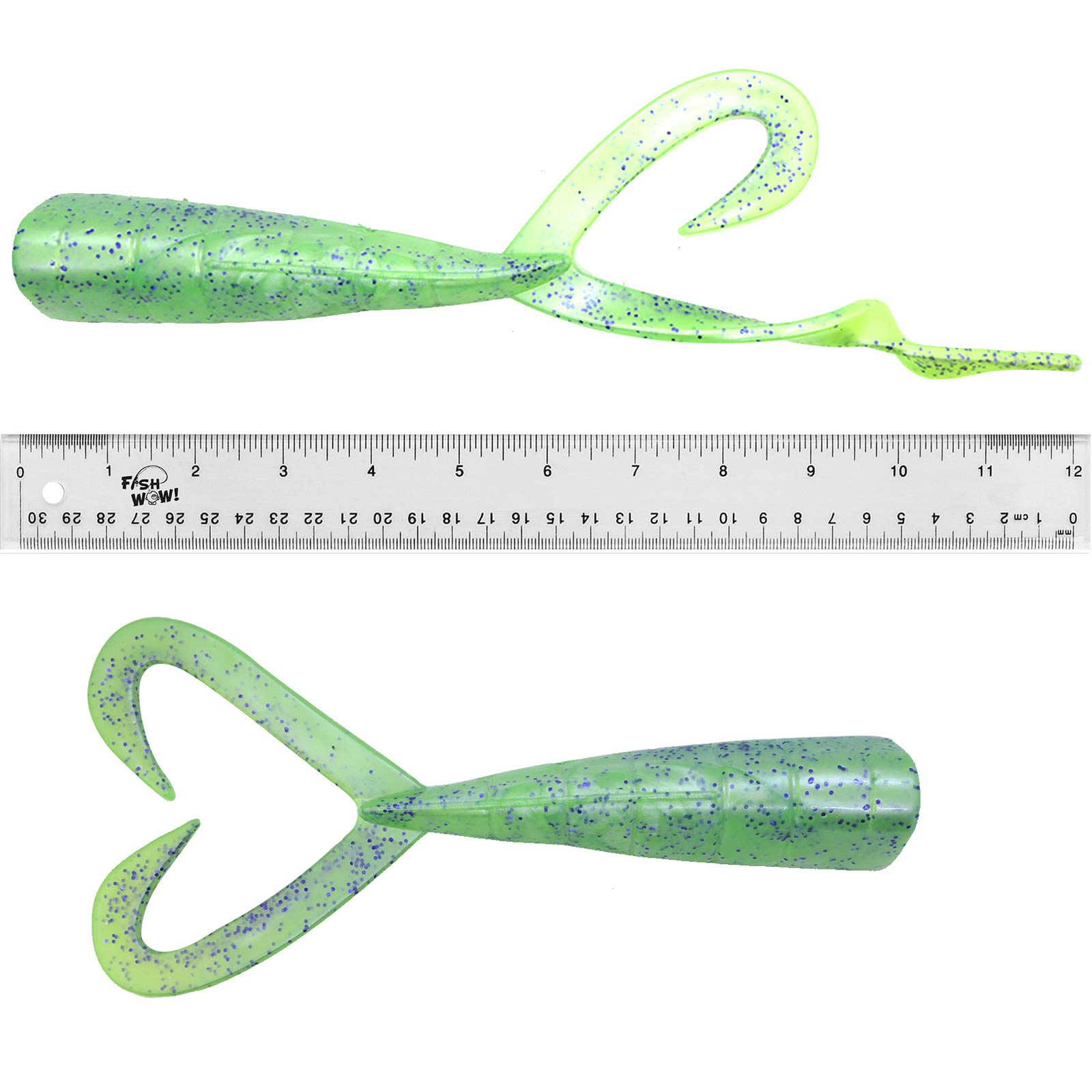 2pcs 9" Scampi Soft Heavy Lure 3ox Each 12" (with Tail Extended) Twin Tail Perch Fatty Grub with a pre-Hole Chartreuse Green