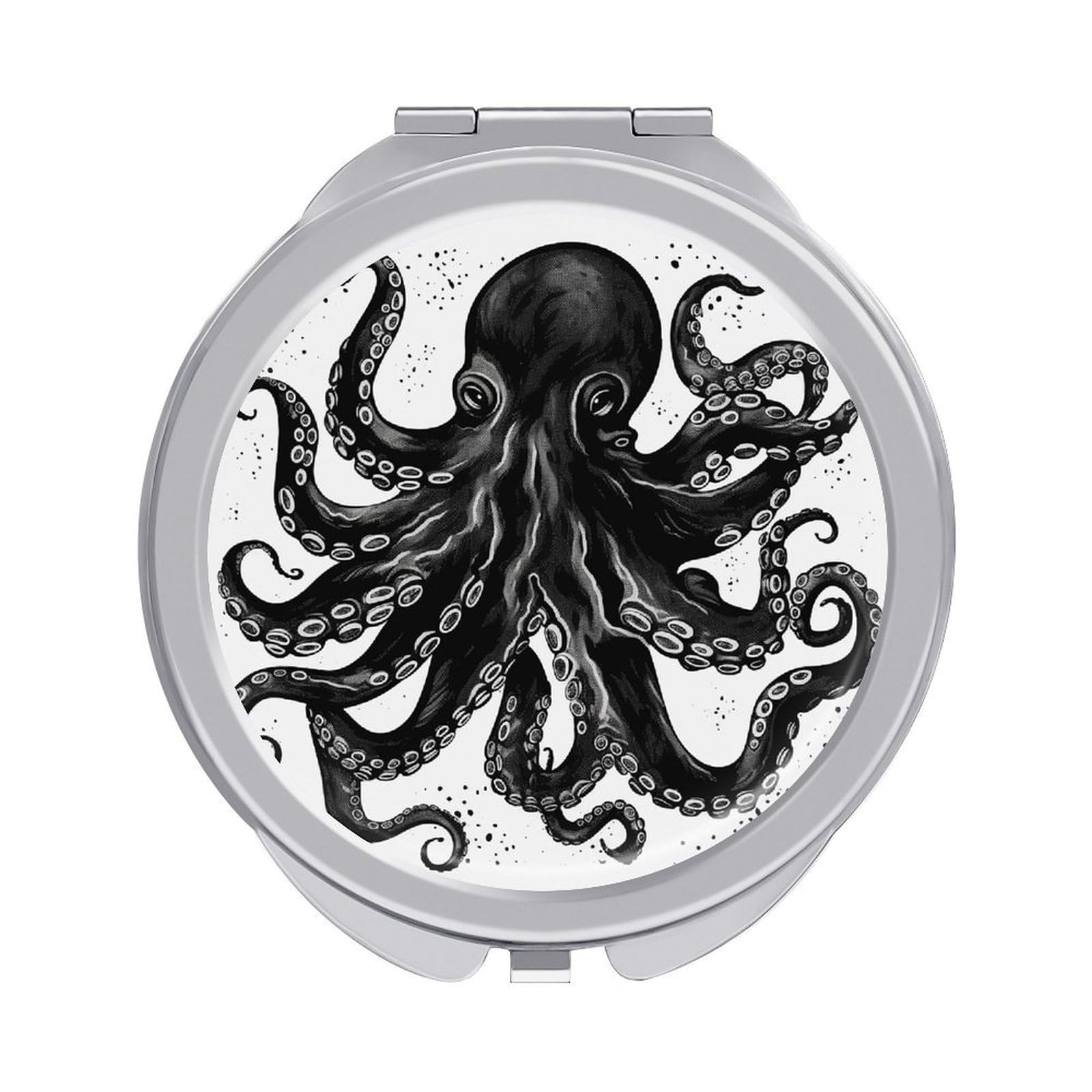 VstaDank Classic Black Octopus Travel Makeup Mirror Cute Compact Mirror for Women 1X/2X Magnifying Metal Pocket Makeup Mirrors Folding Round Makeup Mirrors for Handbag Wallet & Gift