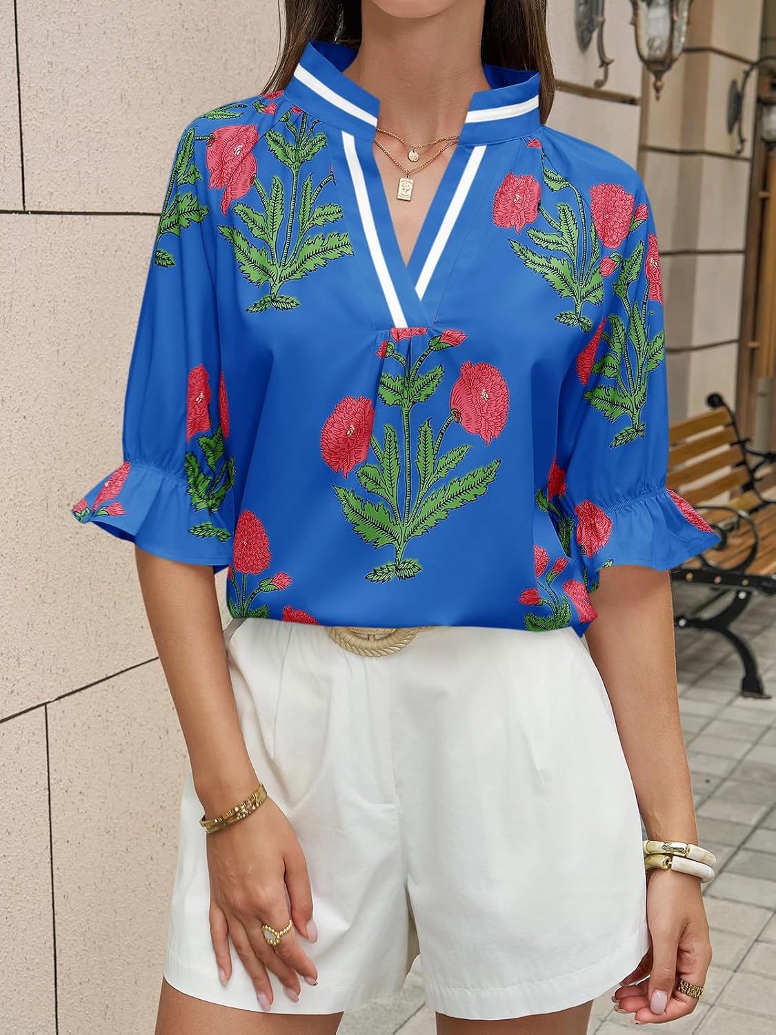 Cicy Bell Womens Boho Floral Blouses Puff Ruffle Sleeve V Neck Summer Shirts Dressy Casual Flowy Blouse Tops - Image 3