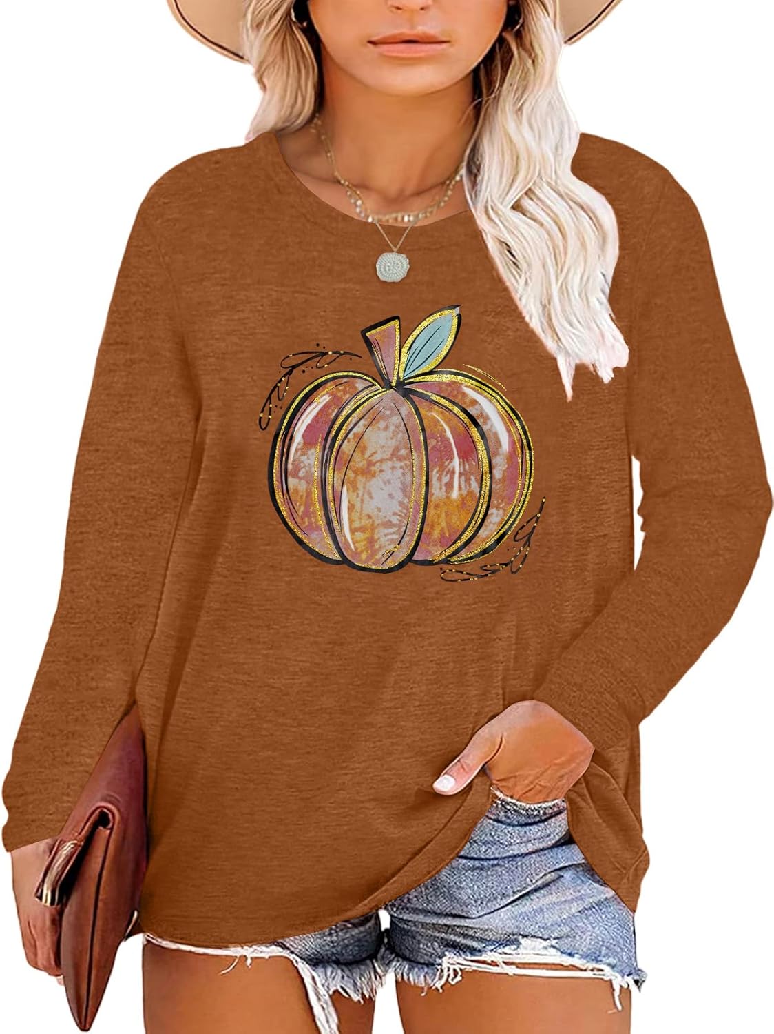 Chulianyouhuo Plus Size Halloween Pumpkin T Shirt Women Long Sleeve Fall Graphic Tees Thanksgiving Gift Tops Blouse