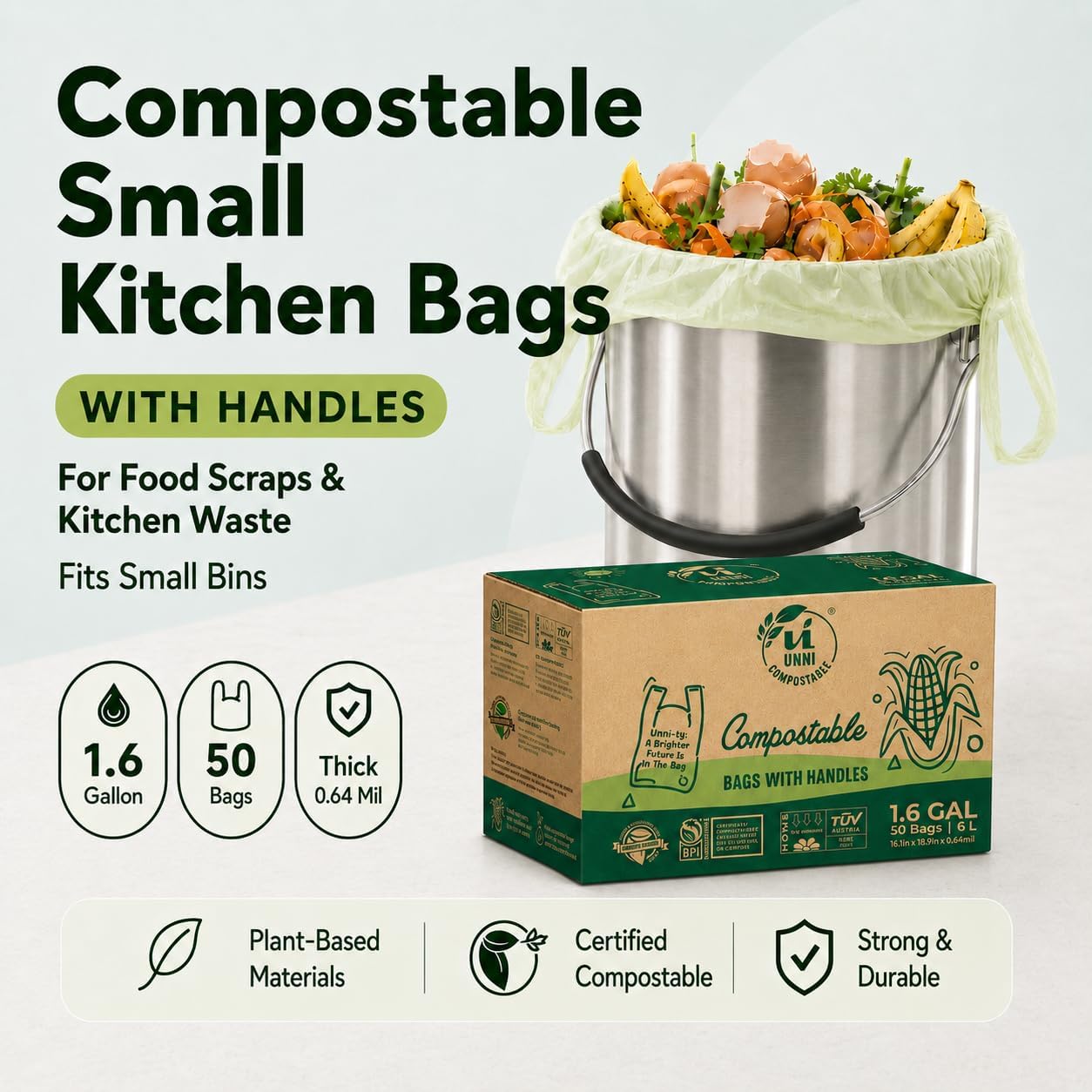 UNNI 1.6 Gallon Compostable Trash Bags with Tie Handles, 50 Count Small Food Scrap Kitchen Compost Bags for Countertop Bin, Certified by BPI, CMA & OK compost HOME, Meets ASTM D6400