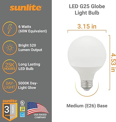 Miniatura 2 de Sunlite Bombilla LED G25 41821, 6 vatios (equivalente a 60 W), base E26 estándar, 520 lúmenes, regulable, esmerilado, Energy Star, 90 CRI,
