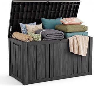 ROJIK Outdoor Deck Box, Resin Waterproof Storage Box With Lockable Lid, UV-Resistant Multi-Purpose Outdoor Storage Bench for Patio Cushions, Garden Tools, Pool Accessories (250 Gallon, Black)