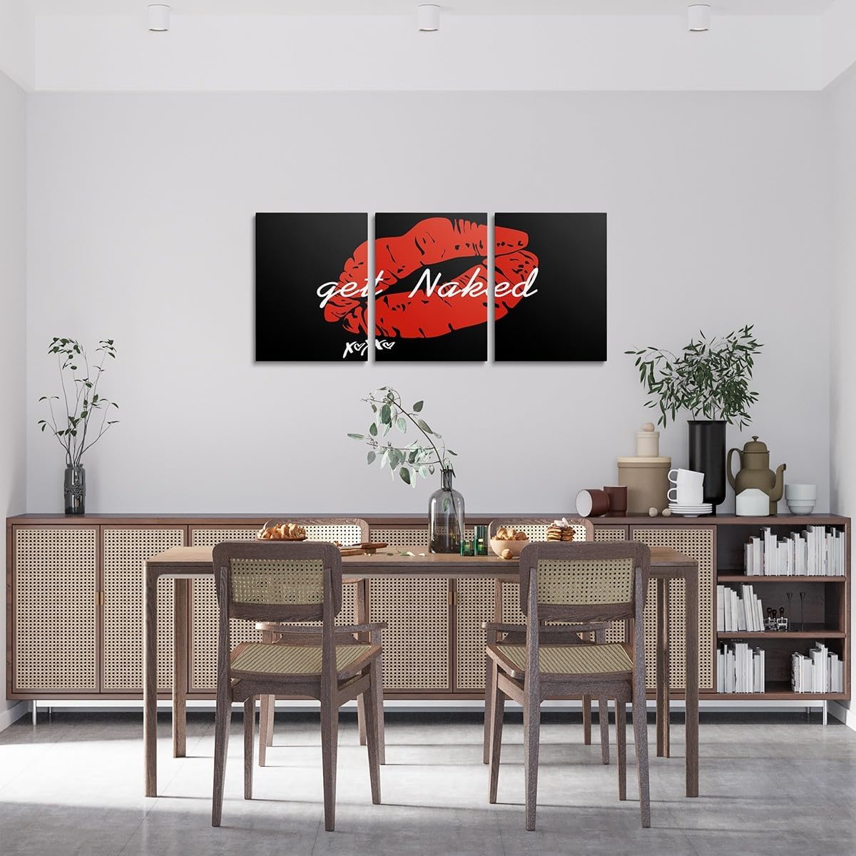 Feelyou Sexy Red Lips Picture Wall Decor Get Naked Canvas Wall Art for Living Room for Couple Lover Men Women Funny Quotes Office Wall Artwork Posters Modern Fashion Wall Painting 12" x 16" 3 PCS