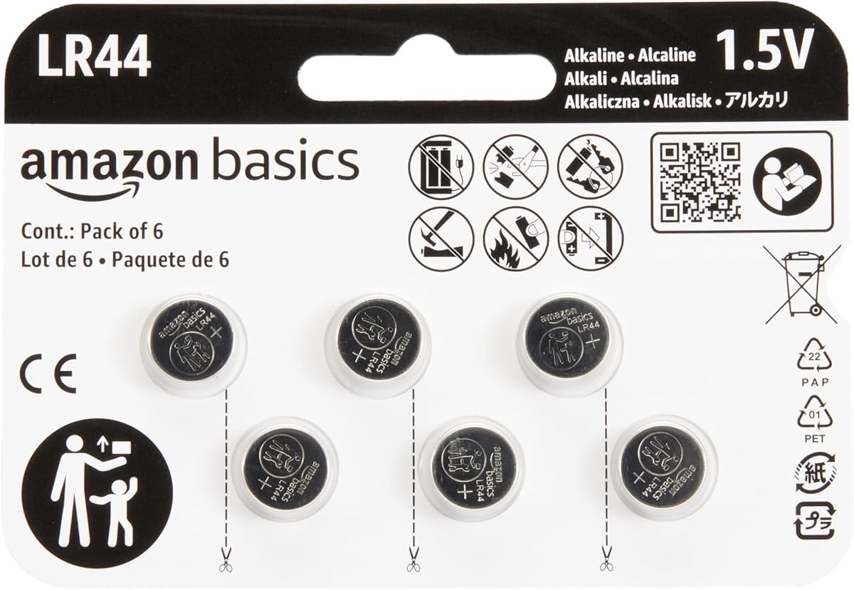 Amazon Basics 6-Pack LR44 Alkaline Button Coin Cell Battery, 1.5 Volt, Long Lasting Power, Mercury-Free