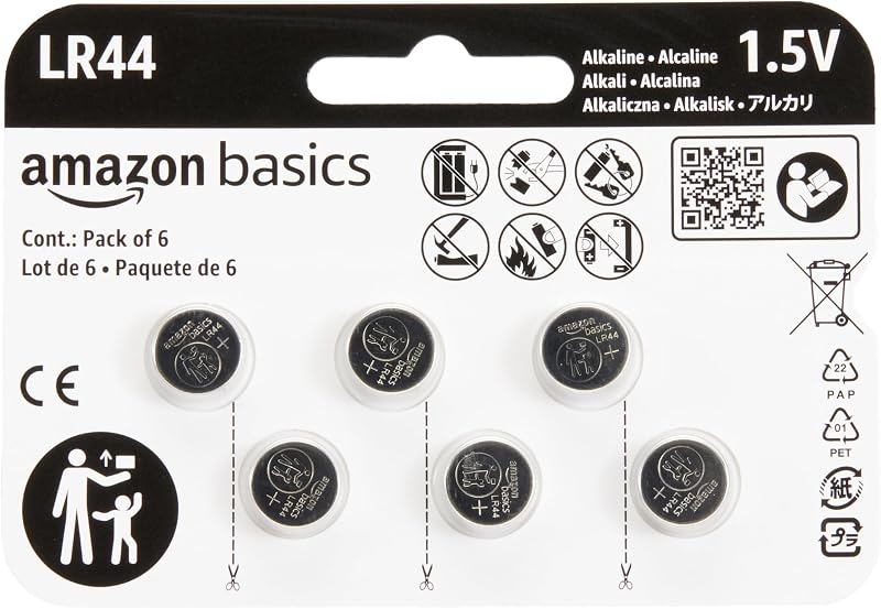 Amazon Basics 6-Pack LR44 Alkaline Button Cell Replacement Battery, 1.5 Volt, Long Lasting Power, Mercury-Free