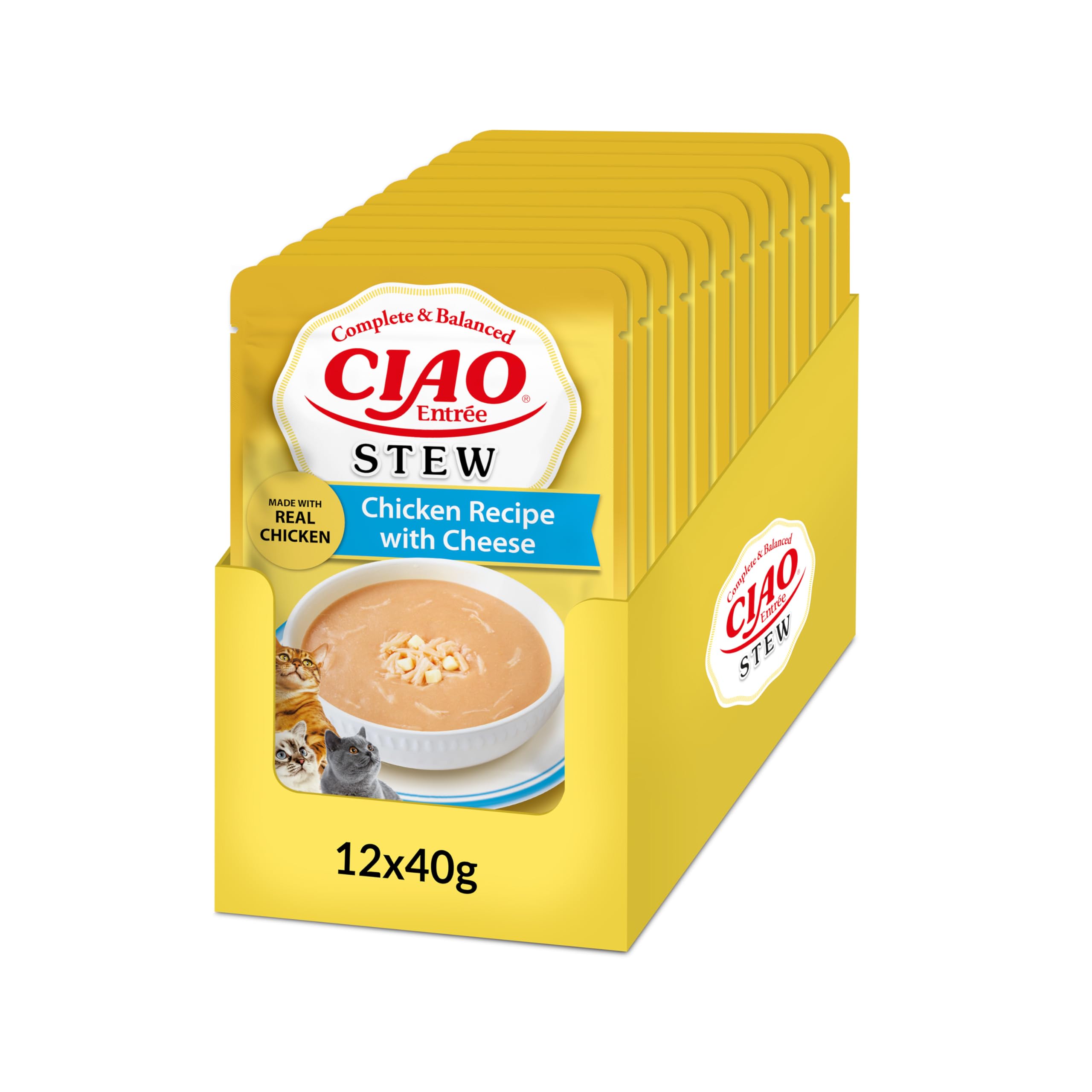 INABA Ciao Entrée Stew, Wet Cat Food, Complete Balanced Meal with Chicken Strips and Cheese, Creamy Stew Made with Natural Ingredients, High Moisture, For Adult Cats, Value Pack, 12 Packs of 40g