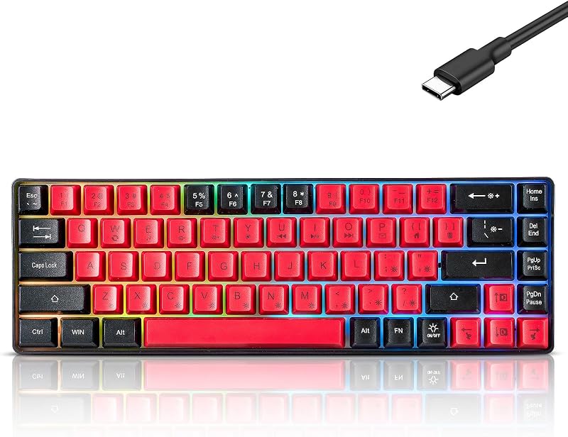 Wired Portable 60% Mechanical Feeling Gaming Keyboard,RGB LED Backlit Compact 68 Keys Mini Wired Office Keyboard for Windows Laptop PC Mac Gamer, Typist, Travel on Business Trip- Red and Black