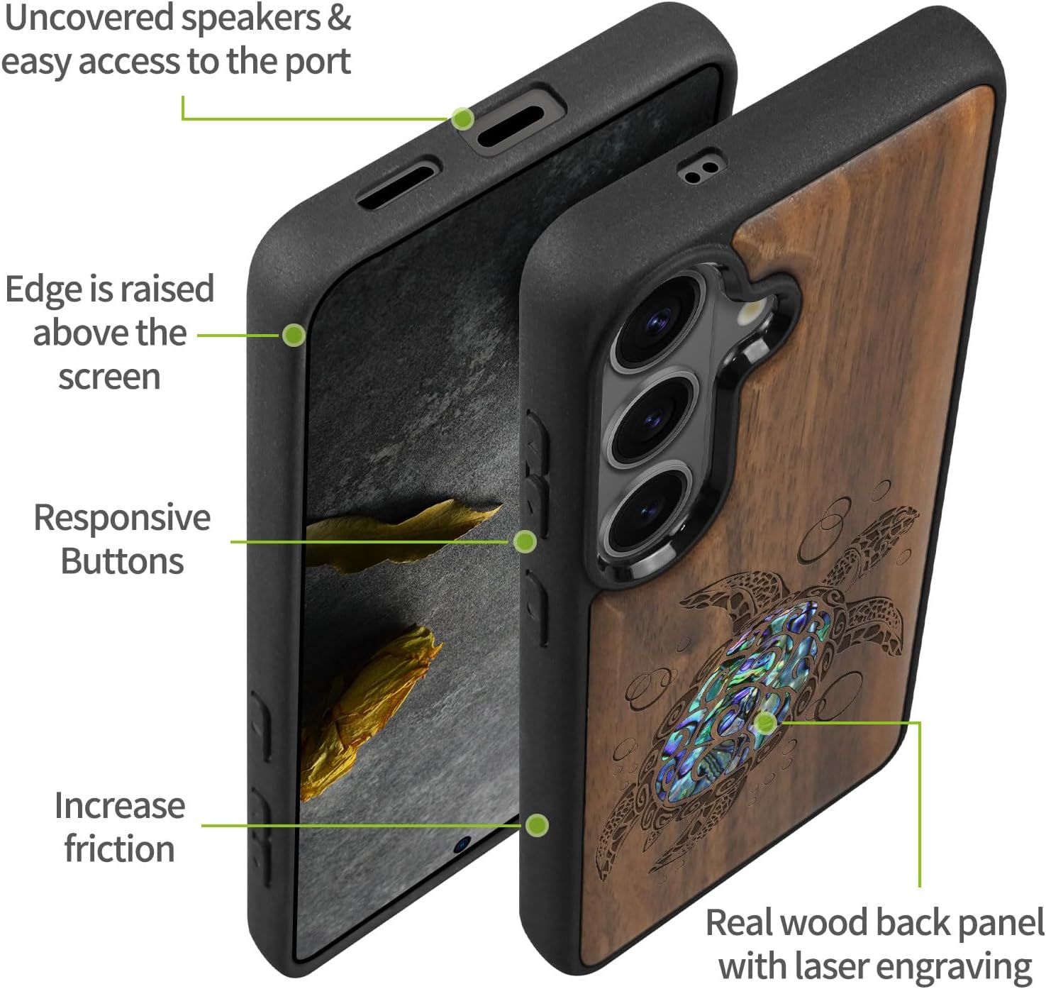 Carveit Magnetic Wooden Case for Samsung Galaxy S26 Case, Wood Artisan Engraved & Handmade Shell Inlaid, Compatible with MagSafe Wireless Chargers (Sea Turtle) Walnut