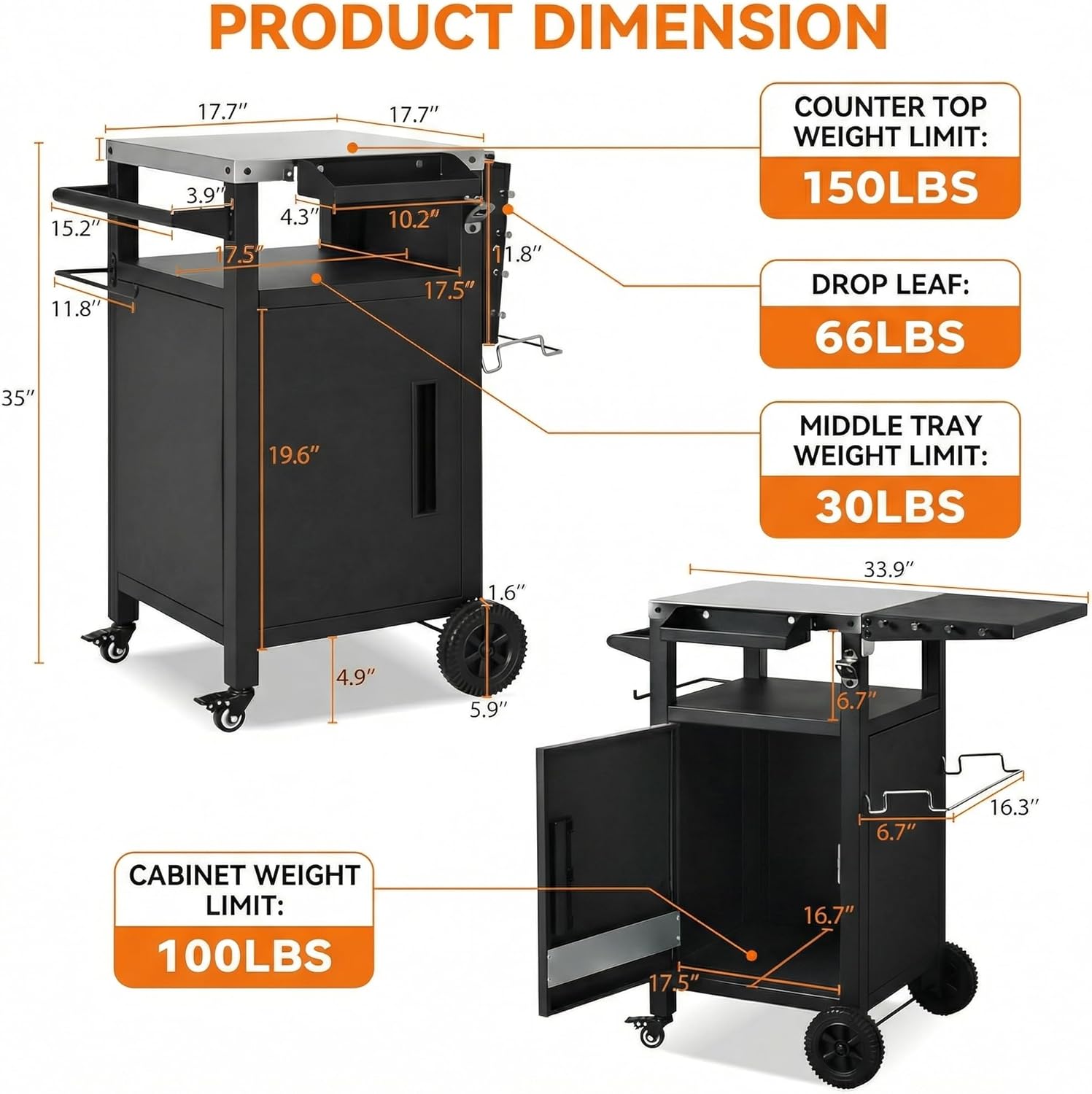 Casaphoria 33.9" Outdoor Kitchen Island BBQ Grill Cart, Stainless Steel Countertop Bar Cart with Folding Table,2 Lockable Wheels, Storage Cabinet, Spice Rack, Paper Towel Holder for Patio Lawn Garden