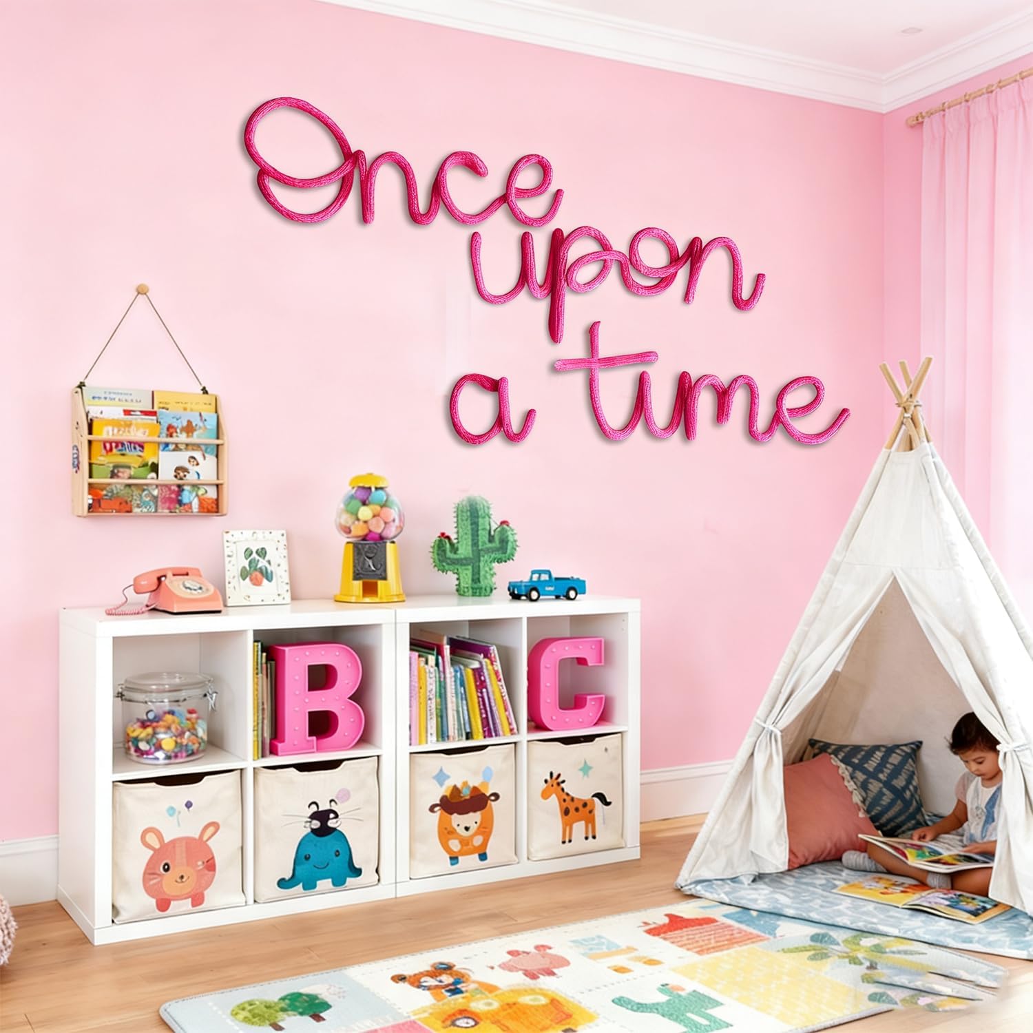 Once Upon a Time Sign Nursery Decor Once Upon a Time wire Wall Sign Decor for Reading Corner Kids Room Family Bookshelf Home Décor Birthday Present DIY Decoration (Rose)