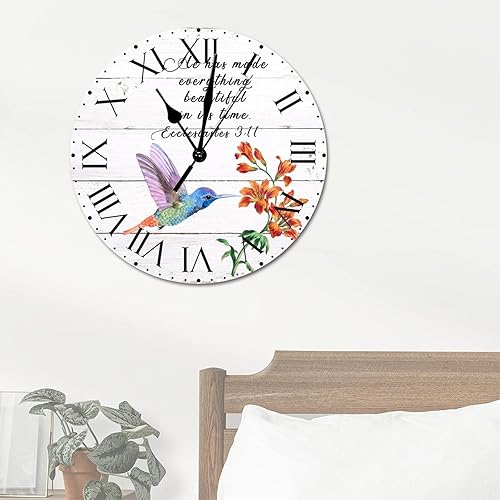 Miniatura 223 de ArogGeld He Made Everything Beautiful - Reloj de pared de PVC con flores rosadas, colibrí, reloj de pared grande con cita y números romanos, reloj