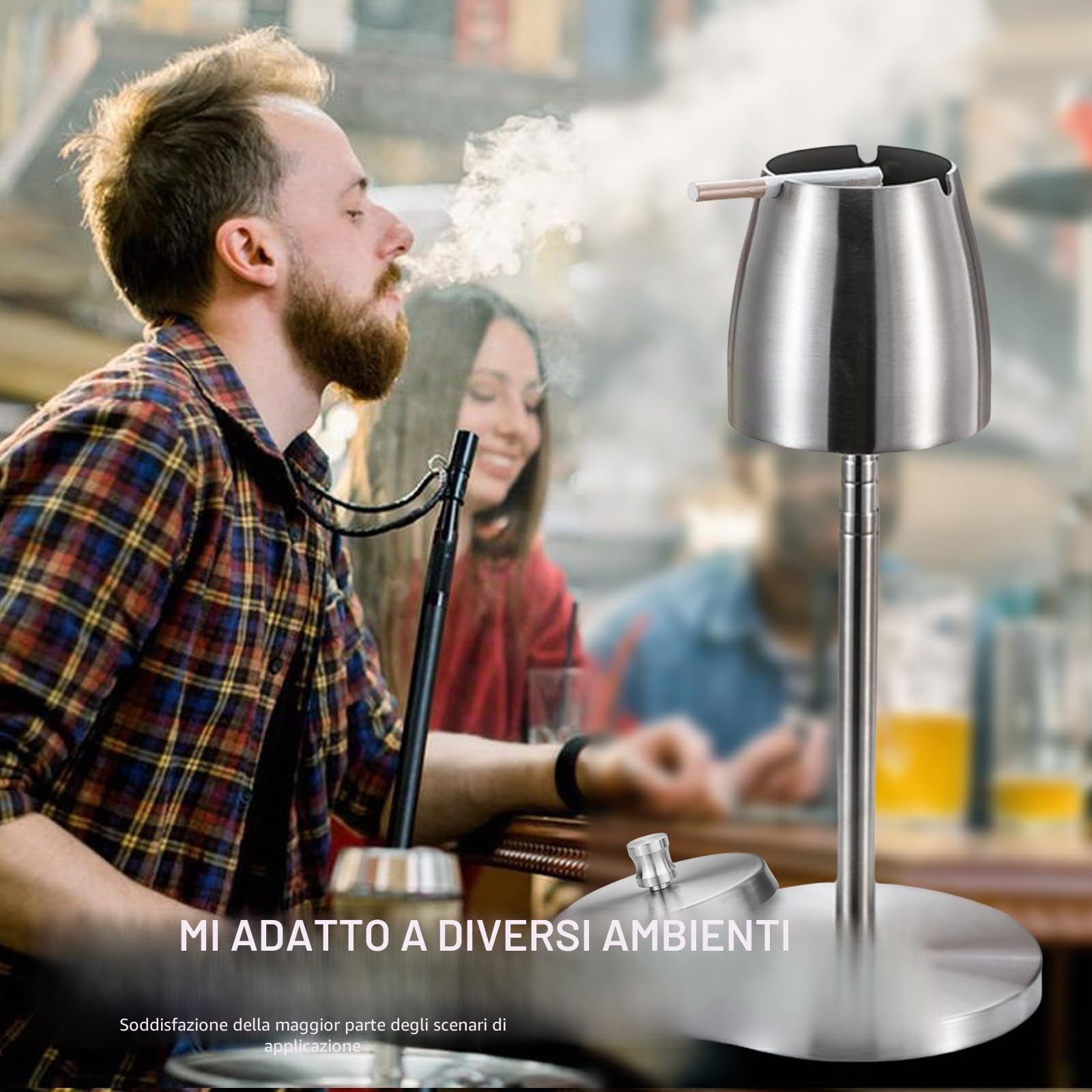 Posacenere da terra regolabile in acciaio inox: per esterni, allungabile in altezza 34-68 cm, posacenere da terra regolabile con coperchio e fondo antiscivolo, argento