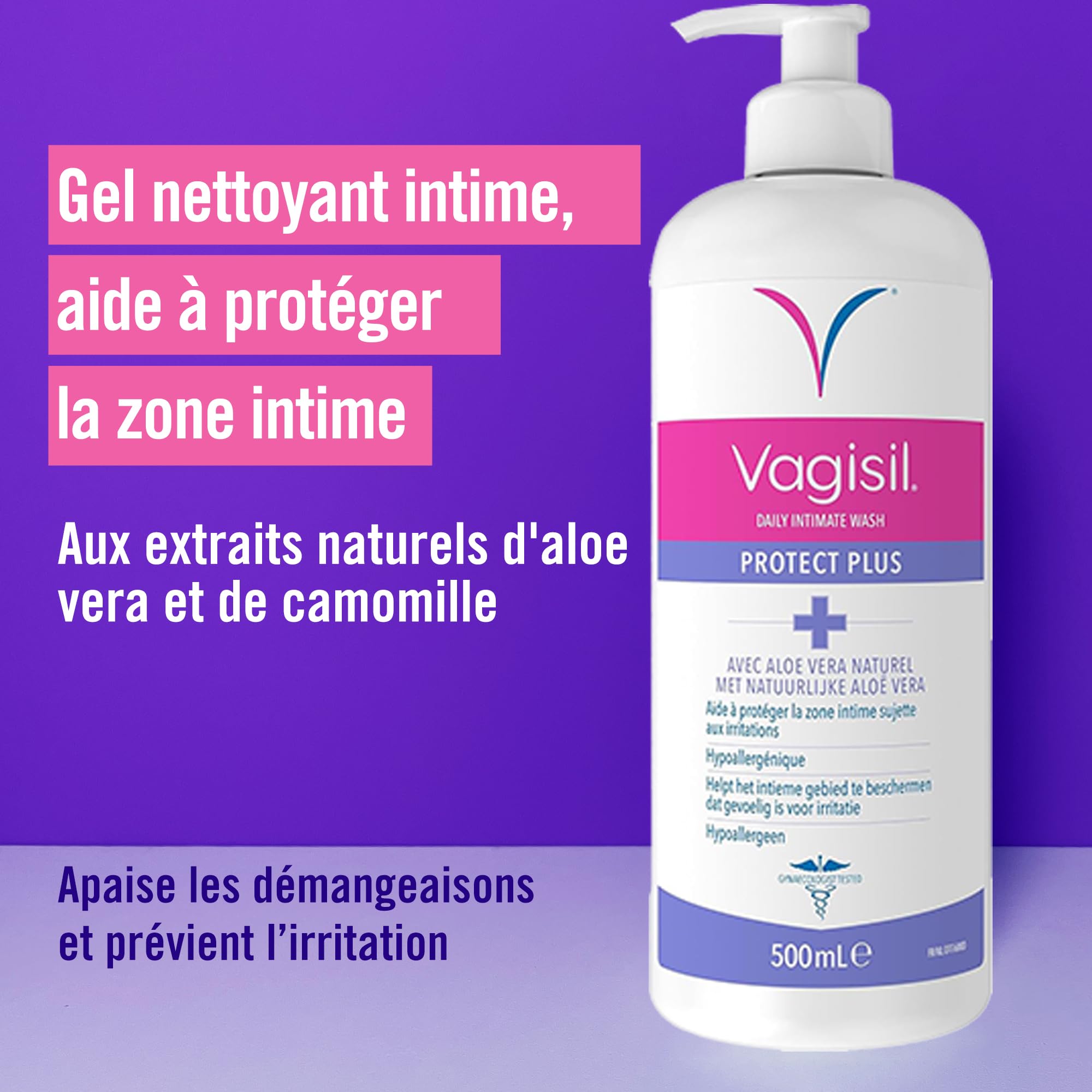 Vagisil Protect Plus Intymna pielęgnacja do codziennej higieny kobiecej, z aloesem, hipoalergiczny, pomaga chronić przed podrażnieniami, 500 ml