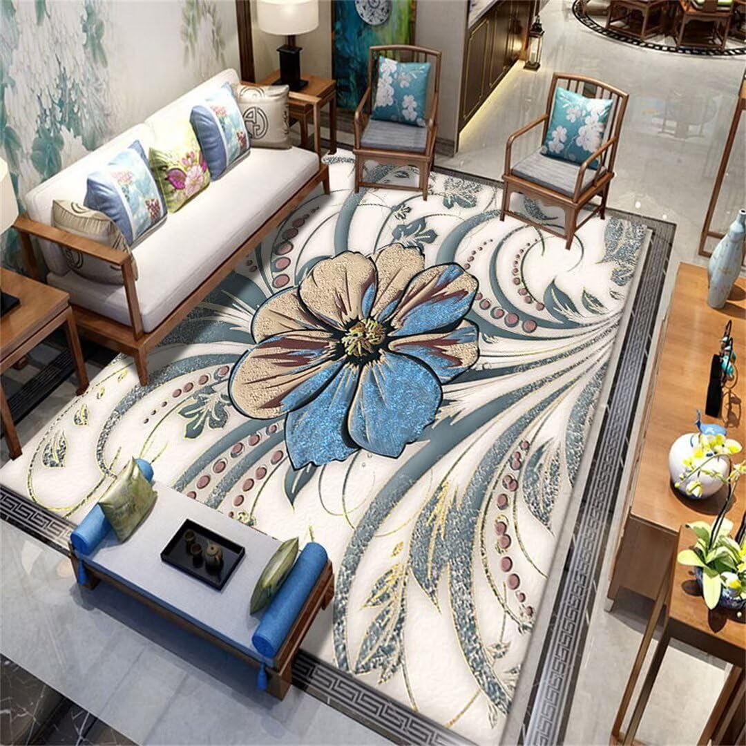 Tapis lavable en machine 140x200cm bleu à motif classique pour salon