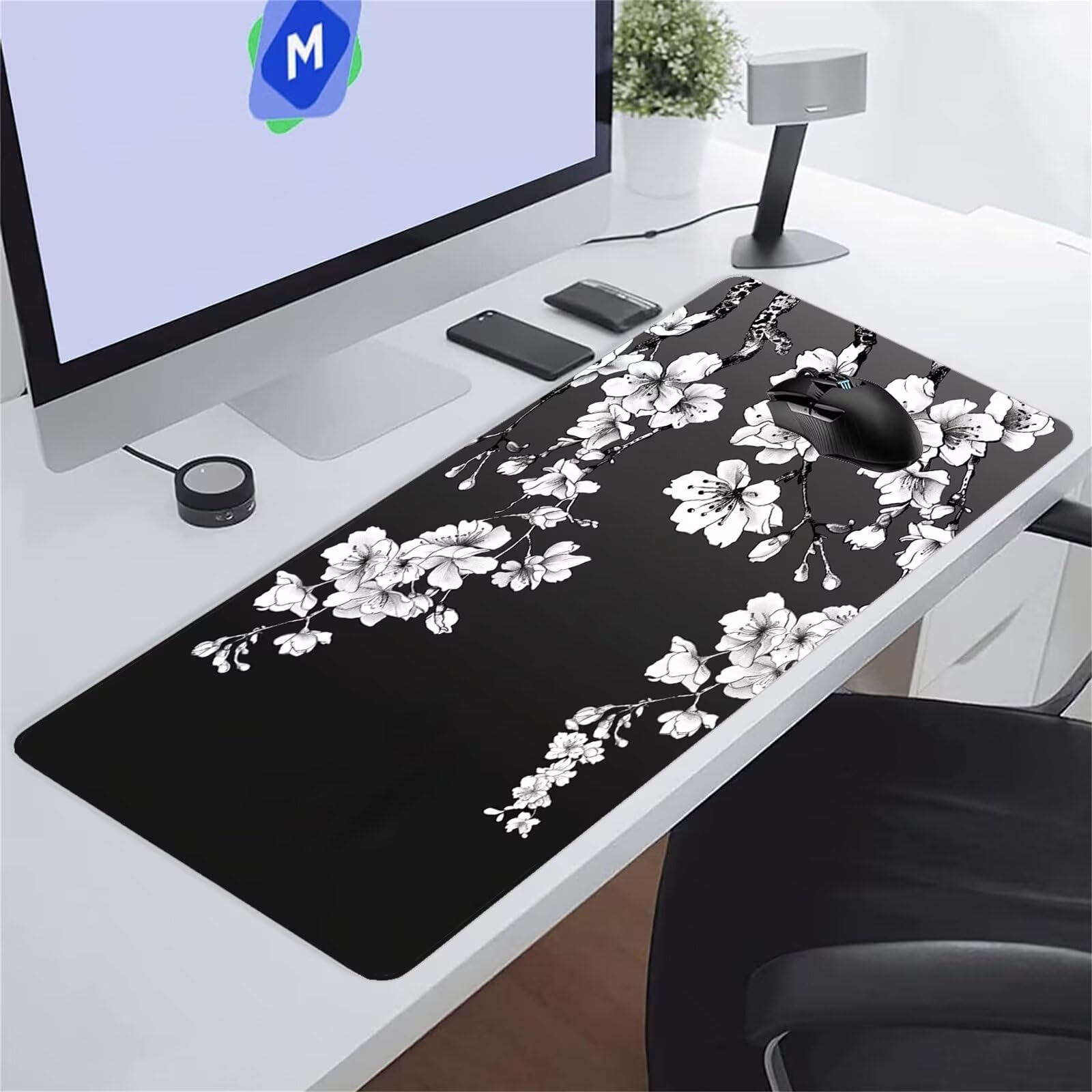 Tapis de Souris XXL Gaming Fleurs Blanches Tapis de Souris Gamer 1200x600x3 mm Grand Tapis de Bureau avec Base en Caoutchouc Antidérapante pour Bureau, Études, Gaming
