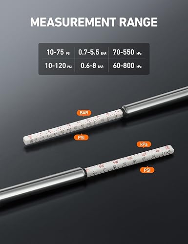 Miniatura 5 de AstroAI Manómetro de presión de neumáticos de lápiz, paquete de 2 (10-75 PSI, 10-120 PSI ± 2% de espacio), tapas de válvula con estuche, cuerpo