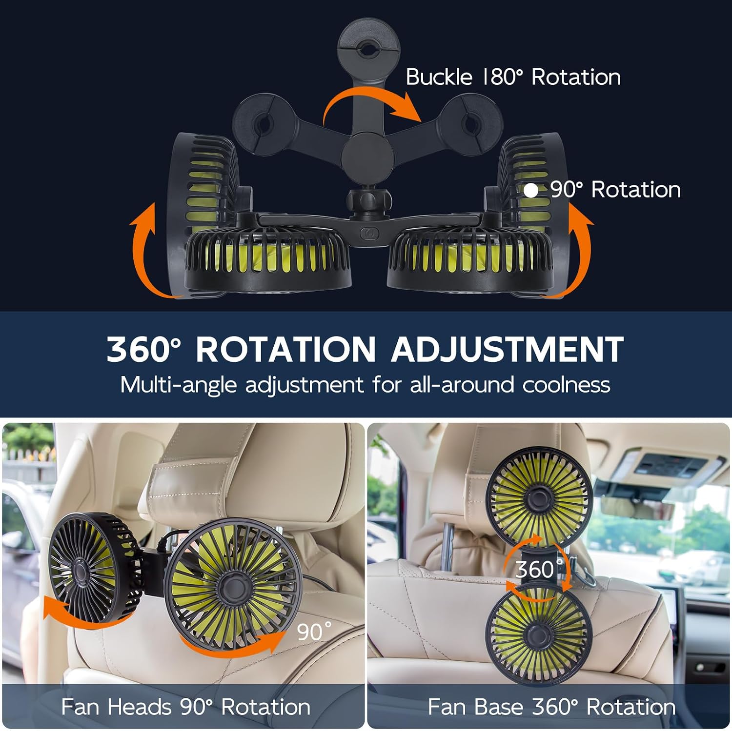 XOOL Car Fan for Backseat Kids, Dual Head USB Car Cooling Fans - 3 Speeds 360° Rotatable Rear Headrest Fans, 5V/2A Powerful Electric Air Circulation Fan for Vehicles SUV RV