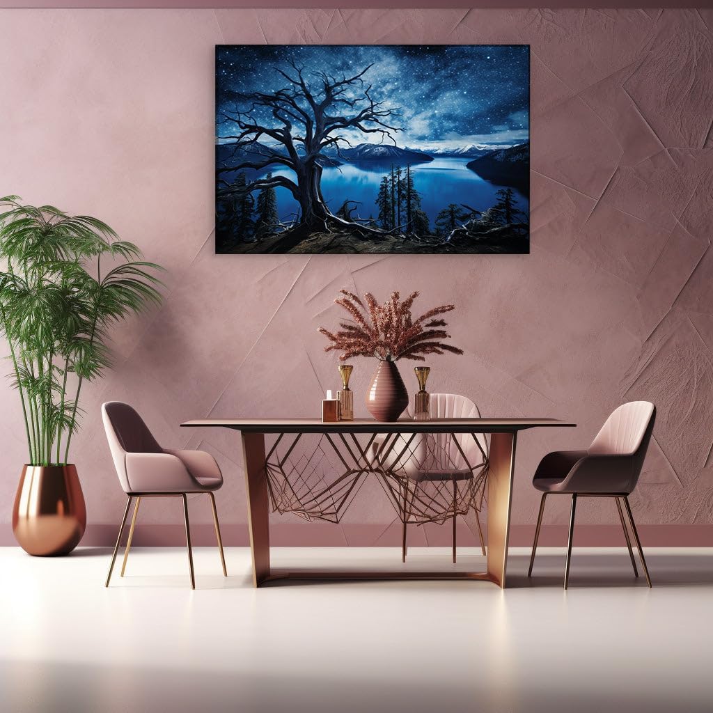 Canvas for Living room. Whispers of Nightfall: An Enigmatic Tree's Silhouette Against a Starlit Mountain Backdrop, 27 x 18 inch Canvas Wall Art - Contemporary Masterpieces - Modern Home Decor