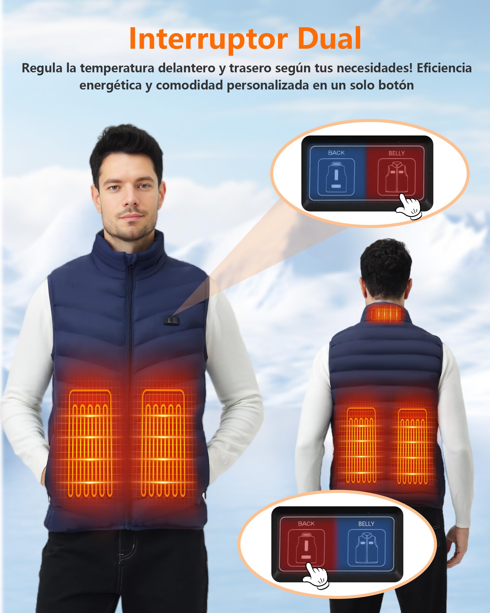 Chaleco Calefactable Hombre con Batería De 10000 mAh, 3 Temperaturas, 5 Zonas de Calentamiento, Chaqueta Calentable con Carga USB, para Esquí, Motociclismo, Senderismo y Pesca(Azul,S)