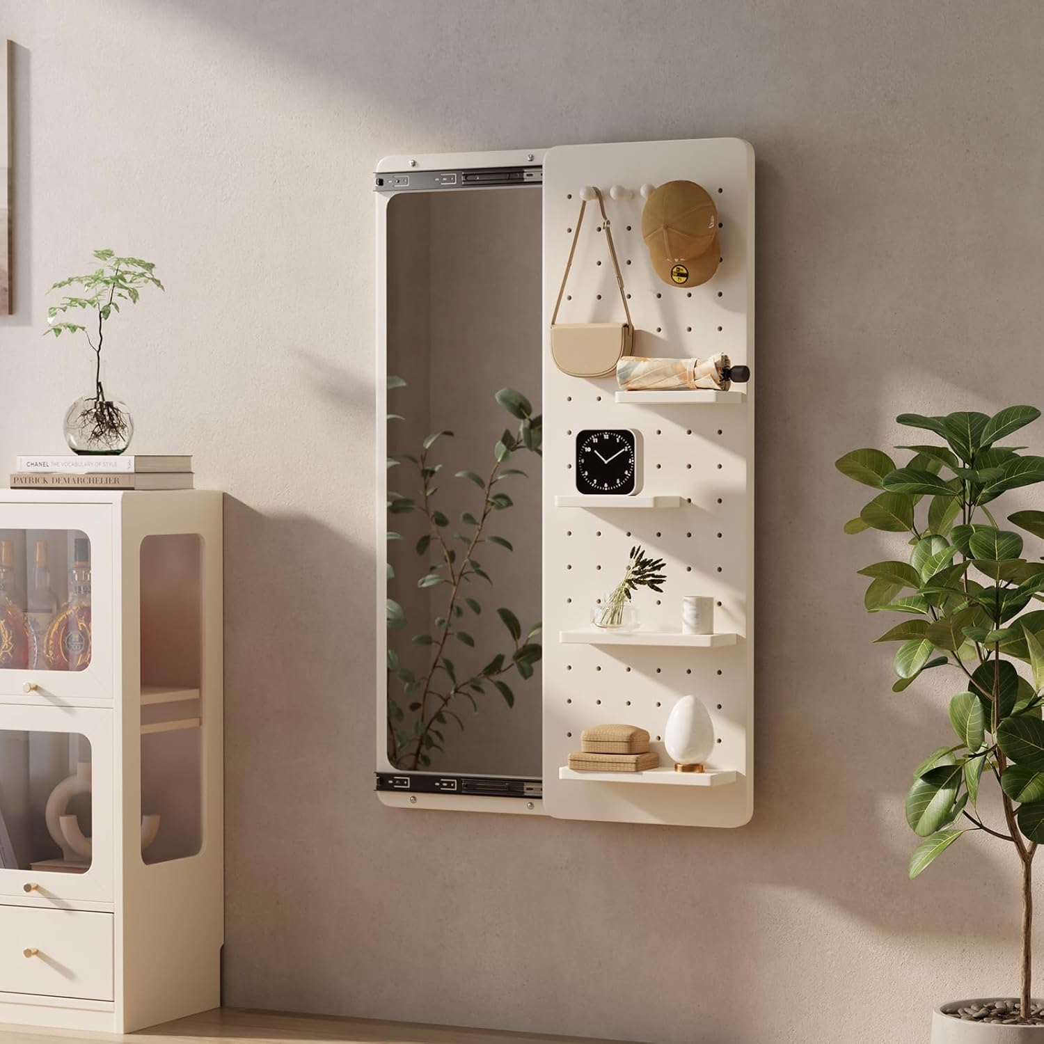 KungFuWood Full Length Mirror with Shelf and Hooks,Entry Way Mirrors for Wall,Wall Mirror with Shelf,Wall Mirror with Storage Multifunctional Design Panel,Living Room White 52.4"L x 19"W