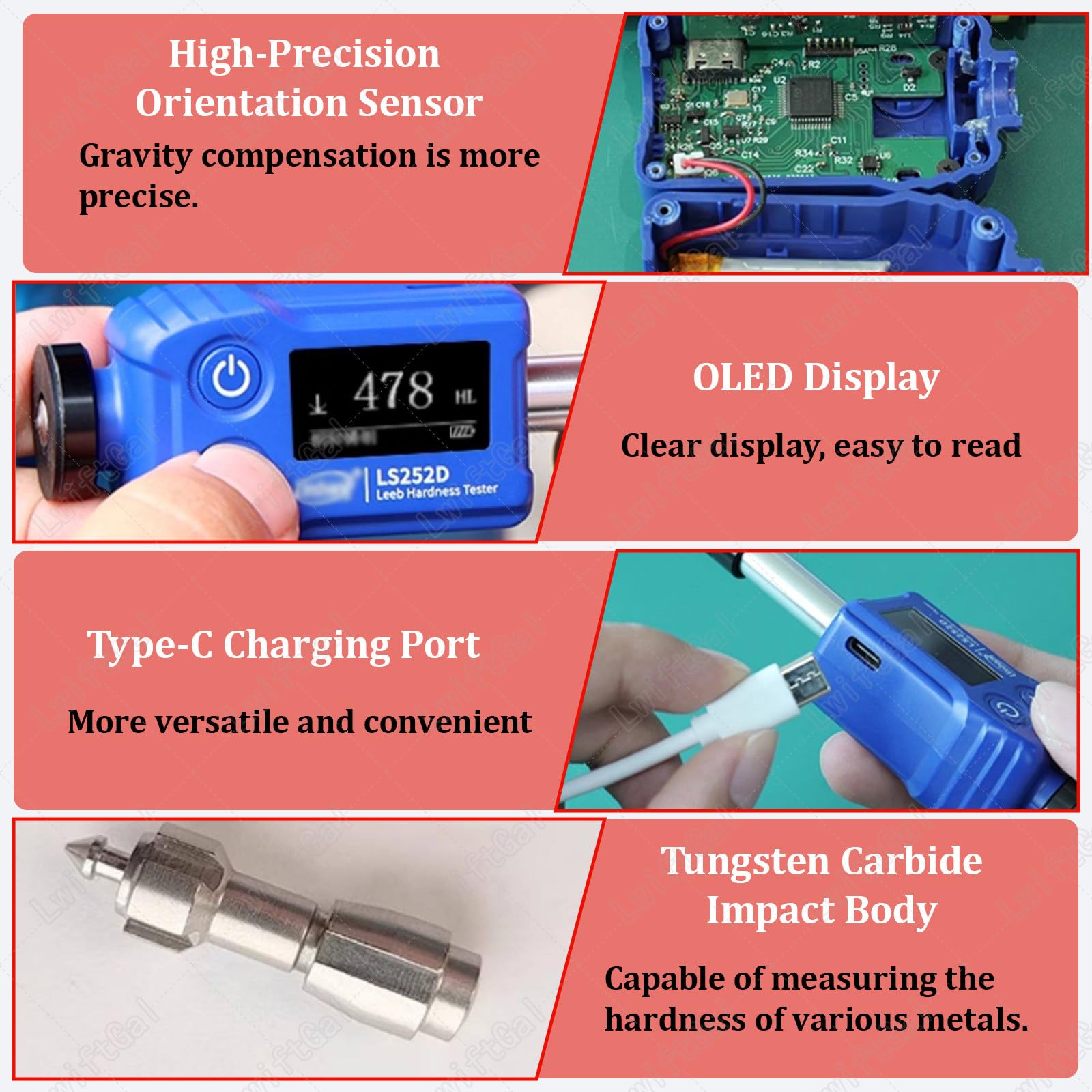 DuróMetro De Metales Digital PortáTil, Probador De Dureza, Probador PortáTil Digital Hld Hra Hrb HRC Hv HB HS Alta PrecisióN For Acero MetáLico LS252D