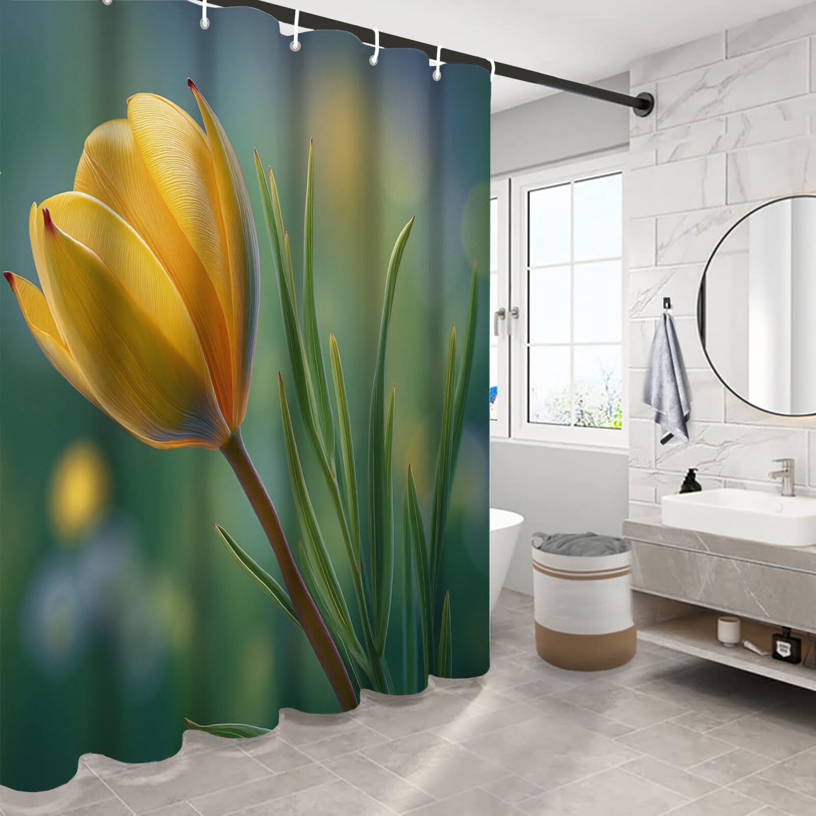 Rideau Douche,Rideau Baignoire Lavable en Machine Rideaux Douche Tissus Lavable Rideau De Baignoire Lavable pour Salle De Bain Domicile Baignoire Famille,Prairie De Tulipes,