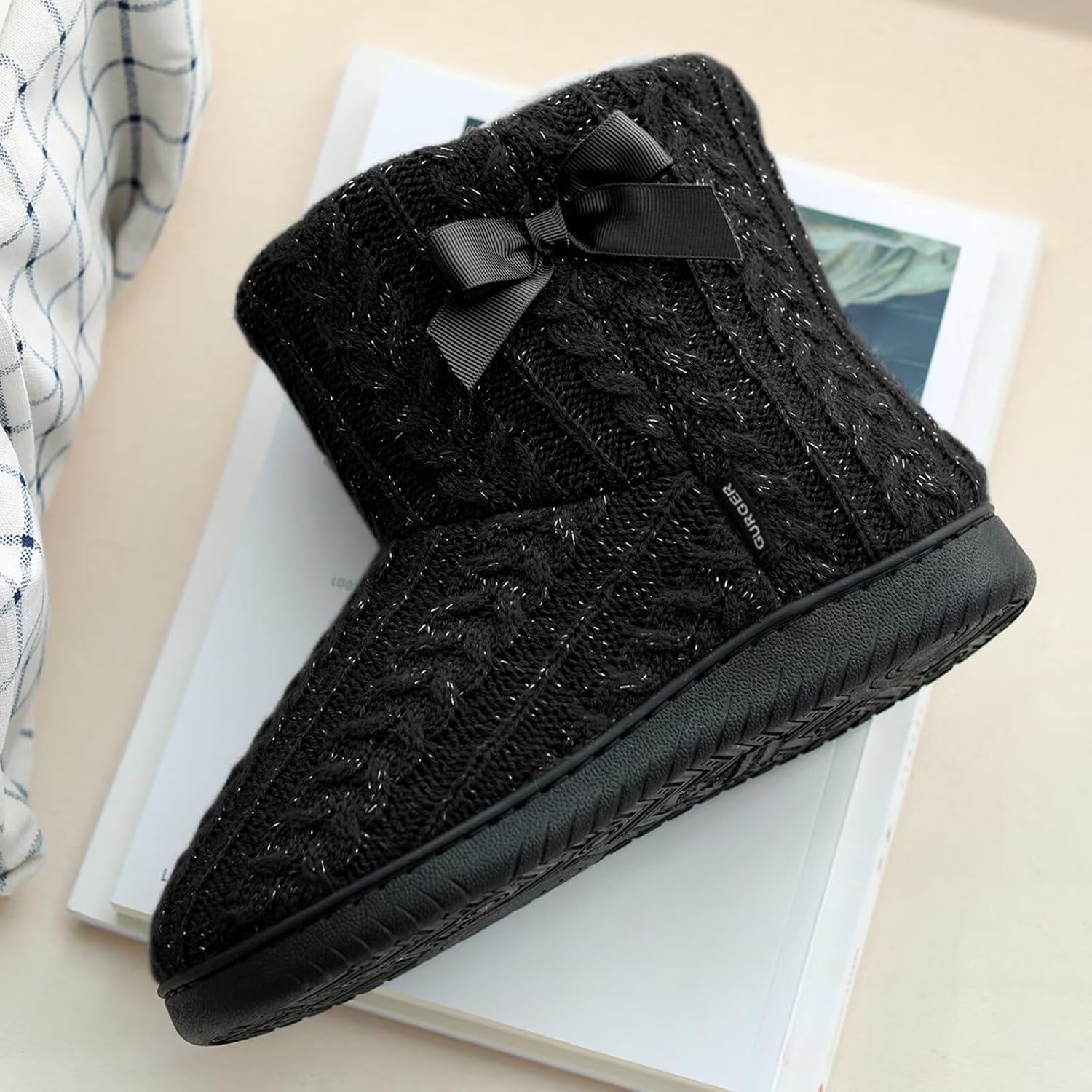 Slipper Boots Women Knit Plush Lining Winter House Shoes Memory Foam Indoor Outdoor - Image 3