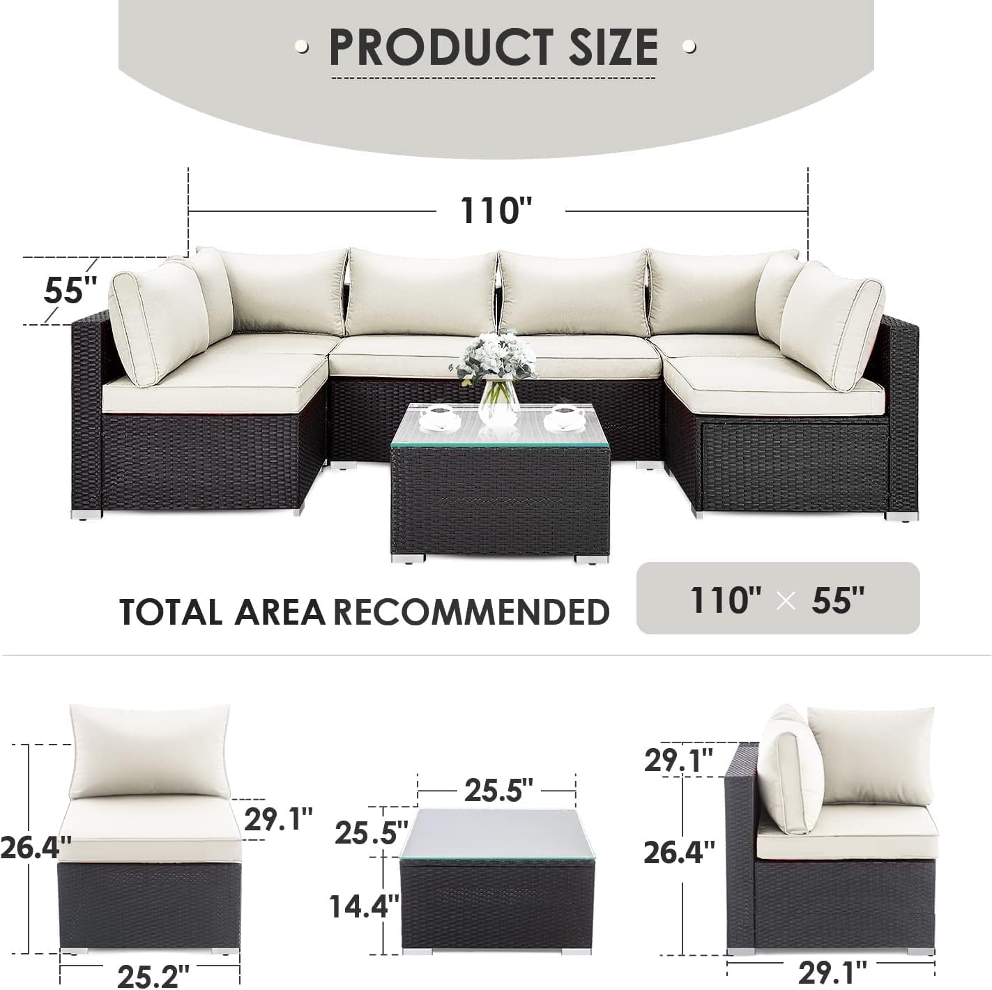 LAUSAINT HOME 7-Piece Patio Furniture Set, PE Rattan Outdoor Patio Furniture All Weather Outdoor Sectional Conversation Sets with 6 Chairs and 1 Tempered Glass Table for Garden (Beige)