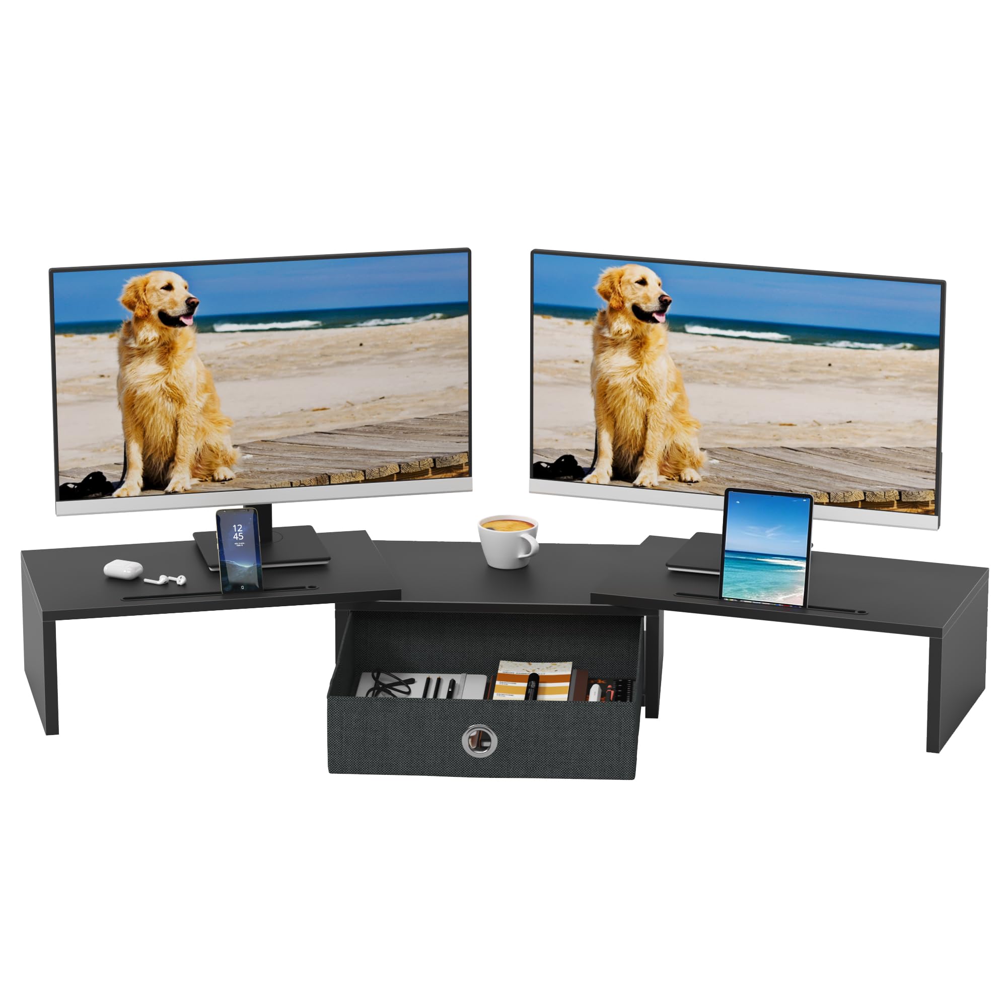 Soporte Monitor Escritorio, 99x23,6cm Soporte Monitor Doble Elevador Monitor Escritorio, Soporte para Monitor con CajóN, Soporte Pantalla Ordenador TV PC Monitor Stand Accesorios, Negro