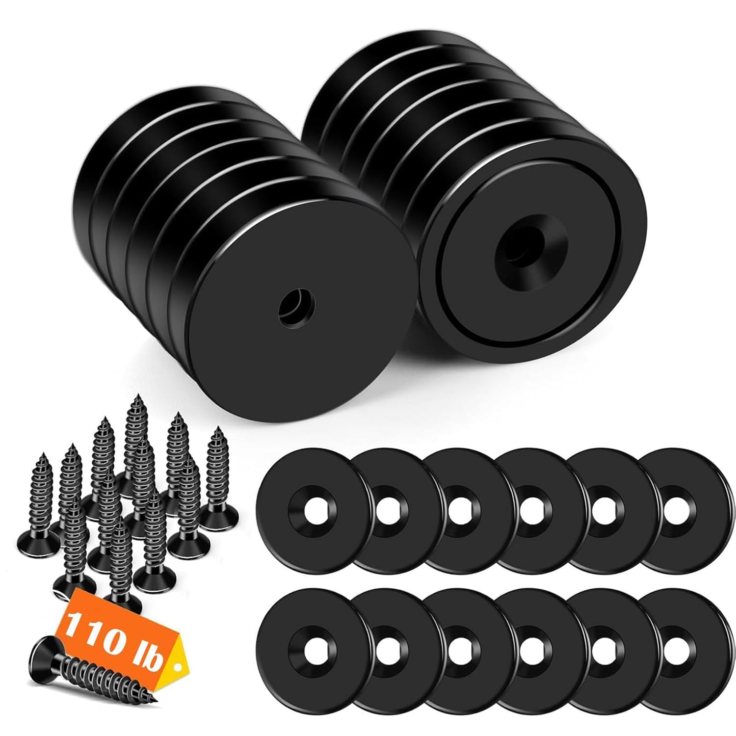 DIYMAG Strong Neodymium Magnets,12 Pack 110LBS Black Round Cup Rare Earth Magnet with Heavy Duty Countersunk Hole and Stainless Screws,Magnetic Base for Refrigerator,Office,Tool Holders,Wall Mounting