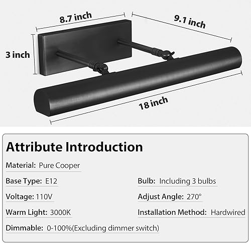 Miniatura 4 de Luz de Imagen Negra, Luces de Imagen de 18 Pulgadas Cableadas, Luces de Imagen Rotativas para Pared, Luces de Marco de Imagen para Cuadros, Luz de