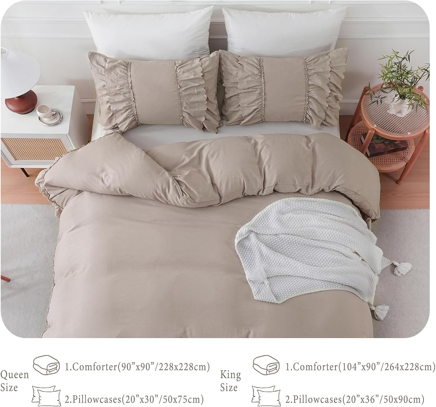 Herside Taupe Boho Ruffle Comforter Queen Size,Shabby Chic Ruffle Bedding Set,2 Layers Ruffles Fluffy Vintage Comforter Home Decor,Farmhouse 3 Pcs Microfiber Lightweight Quilt Set for Women Girls - Image 8