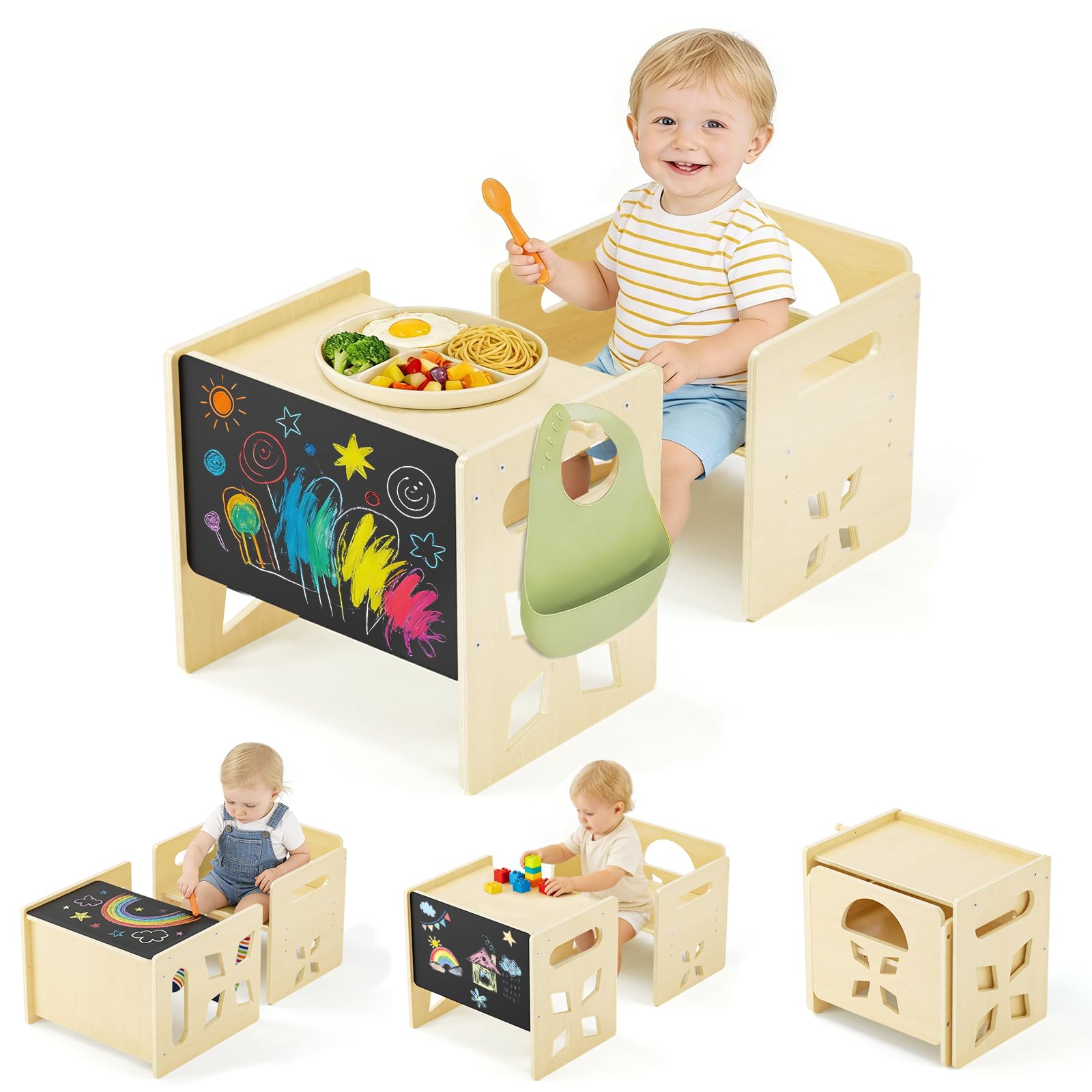 PAMPORPET Montessori Toddler Table and Chair Set for Age 1-3, Height Adjustable Kids Table and Chairs Sets, Blackboard & Hook, Weaning Baby Table Chair Set for Drawing/Eating, Easy to Assemble