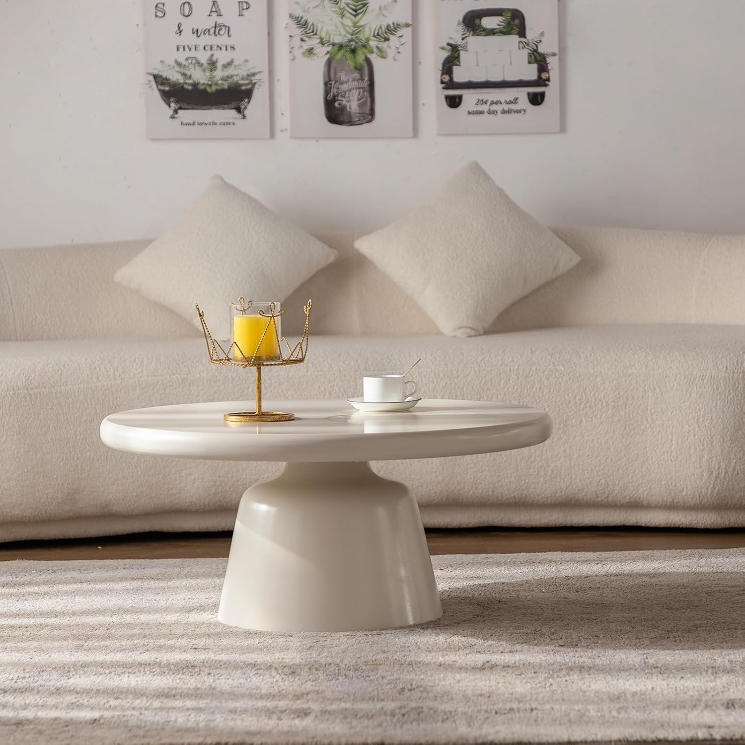 Modern Round Coffee Table White for Living Room, 31.5" Funky Circle Pedestal Coffee Table Minimalist Cream Circular Pedestal Coffee Table Small Drum Circular Center Table TeaTable