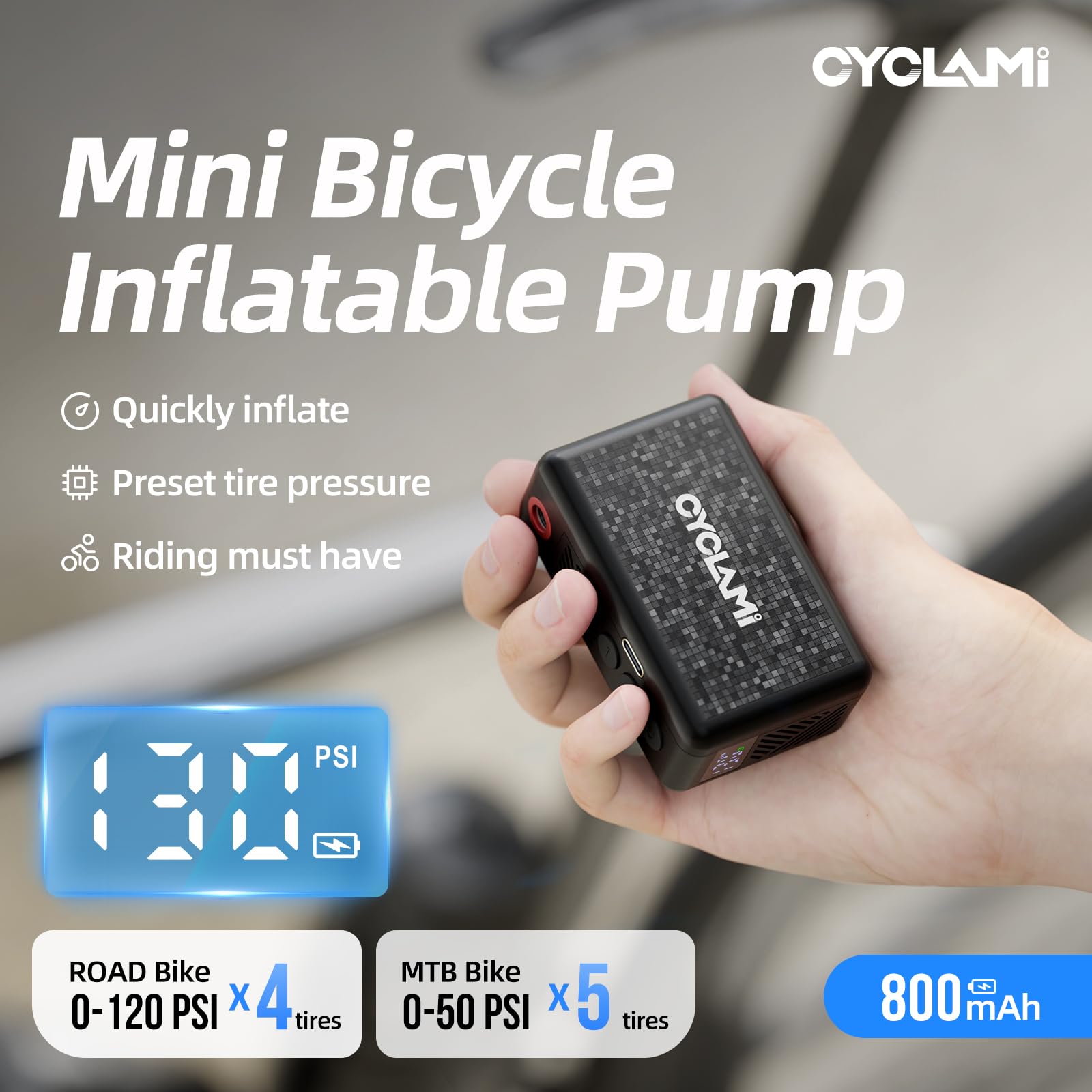 AM6 Mini Fahrradpumpe, 130PSI Elektrische Fahrradluftpumpe mit Digitalem Manometer, 167g | Fahrradreifenfüller für Schrader- und Presta-Ventil für Mountainbike, Stadtrad und Rennrad
