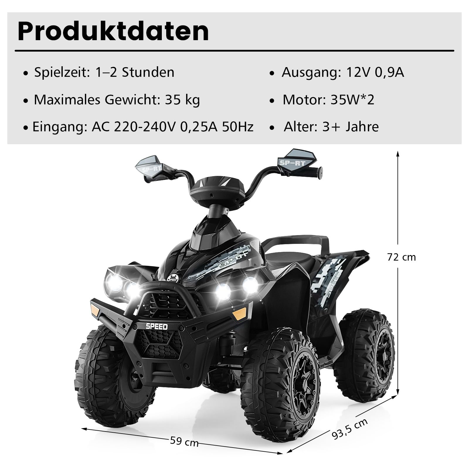 COSTWAY 12V elektryczne quad dla dzieci, elektryczny quad z muzyką, klaksonem i reflektorem LED, quad dla dzieci 2,2-4,3 km/h, elektryczny samochód dla dzieci od 3 lat (czarny)