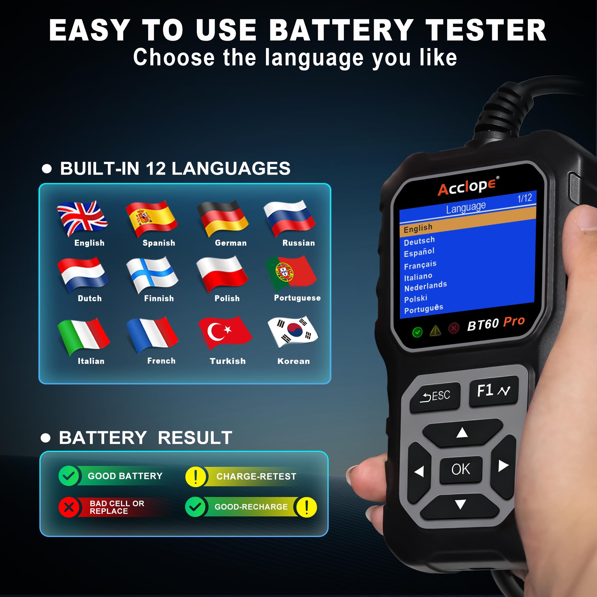BT60 PRO tester akumulatorów 100-3000 CAC 6V/12V/24V 2-120 AH Litium/AGM/Gel/EFB analizator akumulatora samochodowego