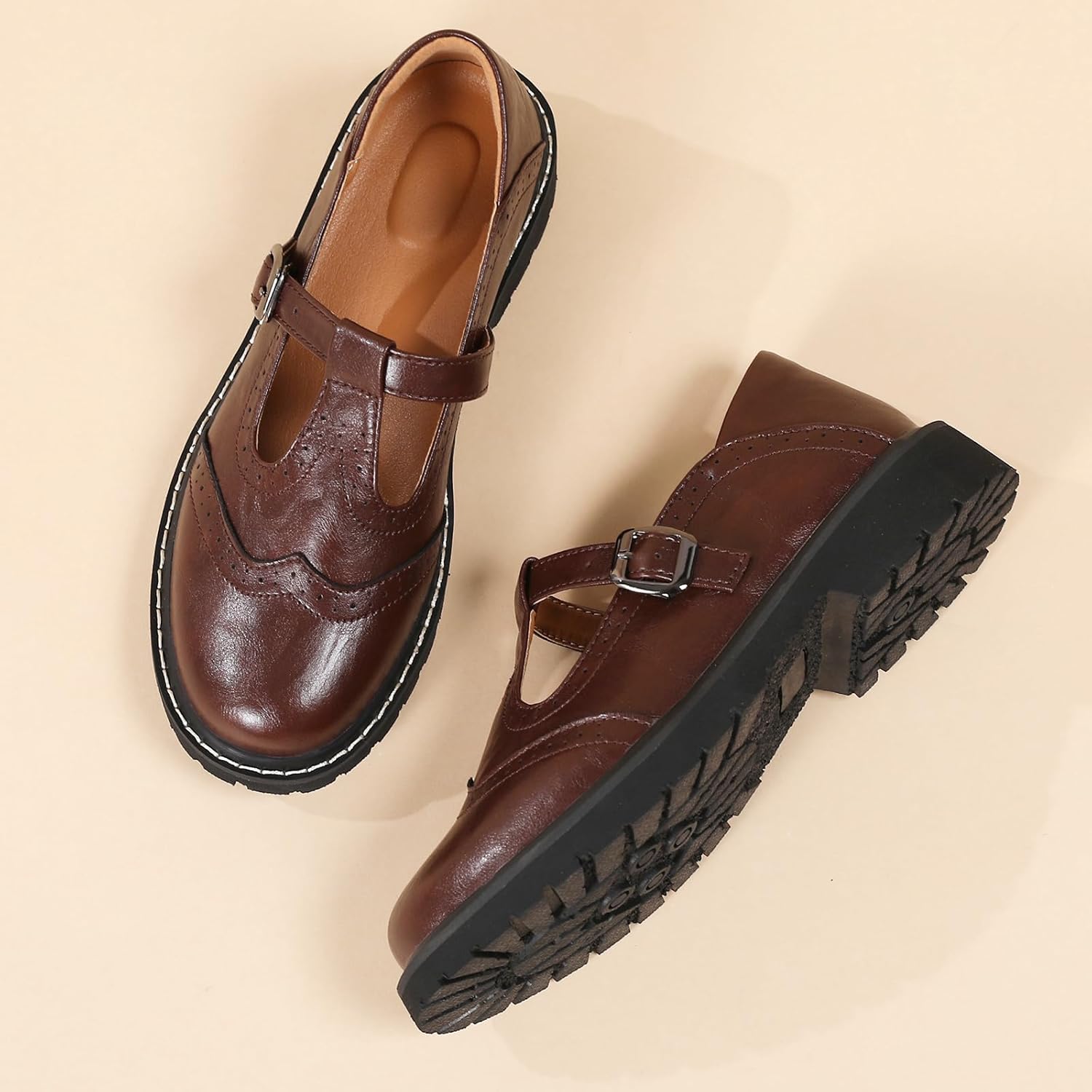 Mary Jane Shoes Women Platform Non-Slip Classics Brogues Round Toe T Ankle Strap Comfort Casual Oxford Dress Work Mary Jane Flat Shoes - Image 4