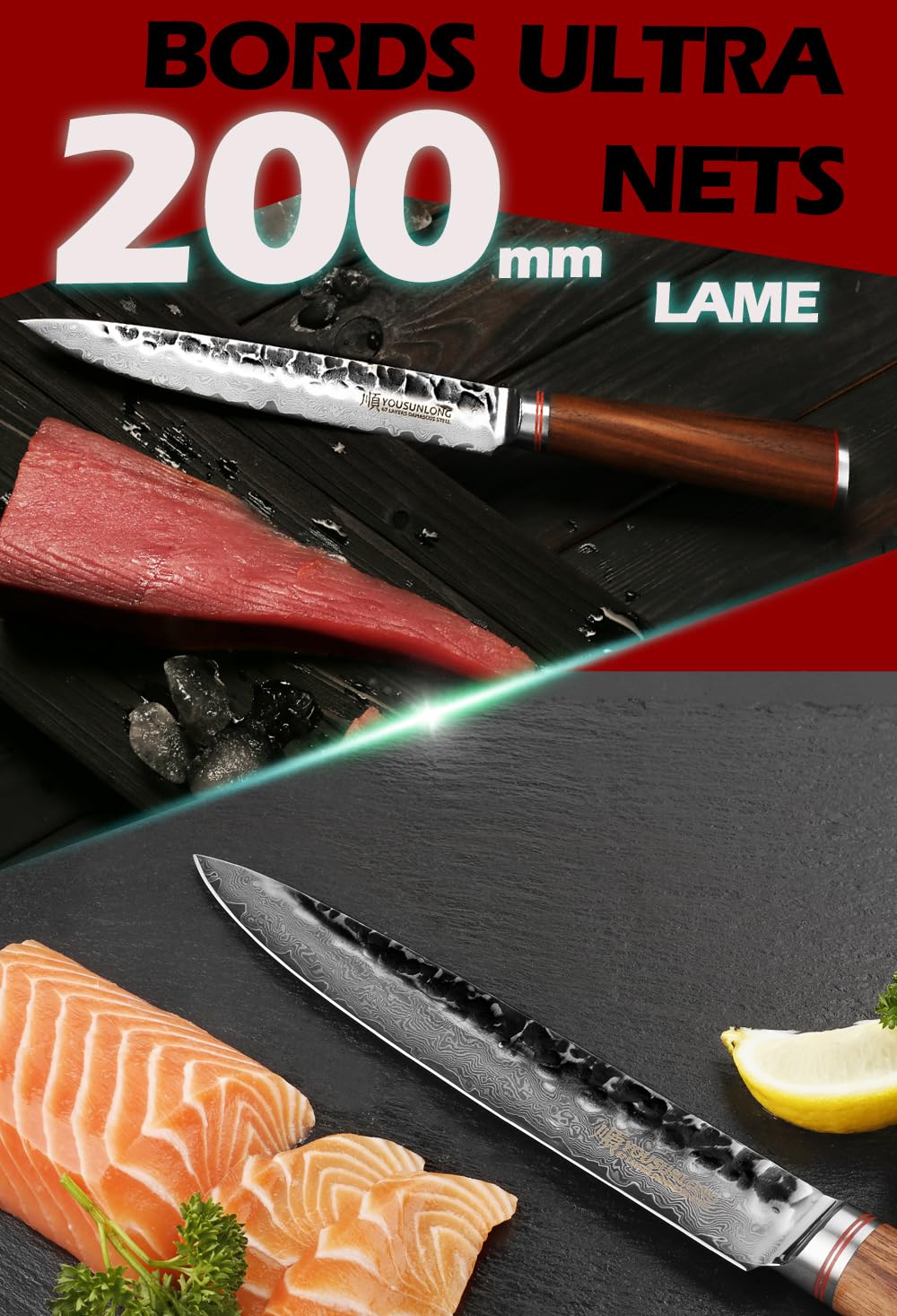 YOUSUNLONG Couteaux à découper - Couteaux à Sashimi Lame aiguisée 200mm - Couteau à Sushi Japonais VG10 Acier Damas Martelé - Manche en bois de noyer naturel avec étui en cuir