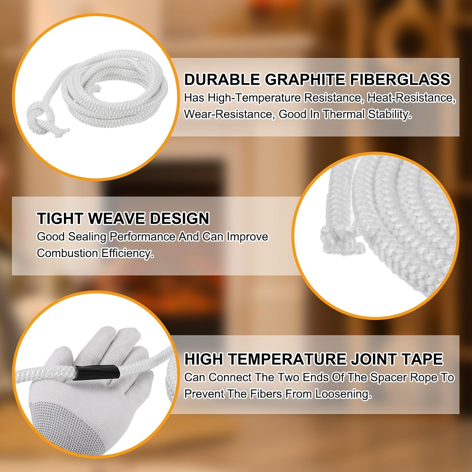 PATIKIL 1" x 79" Wood Stove Gasket Kit, Fiberglass Round High-Temperature Resistance Seal Rope Replacement with 4pcs Joint Tapes for Stoves Fireplace Door, White