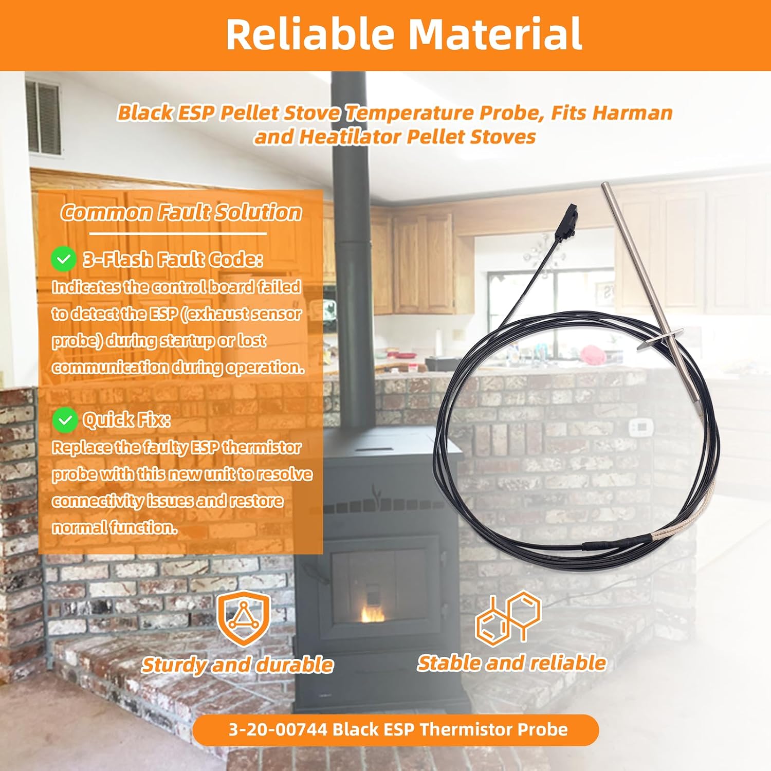 3-20-00744 Black ESP Thermistor Probe Compatible with Harman Pellet Stove