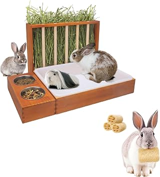 BESNEW 3-in-1 Upgraded Rot Resistant Rreatment Rabbit Hay Feeder with Litter Box+3 PCS Rabbit Chew Toys